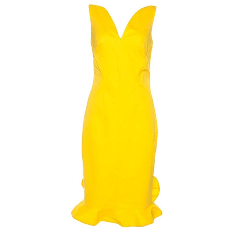 Oscar De La Renta Yellow Stretch Cotton Ruffled Hem Midi Dress S