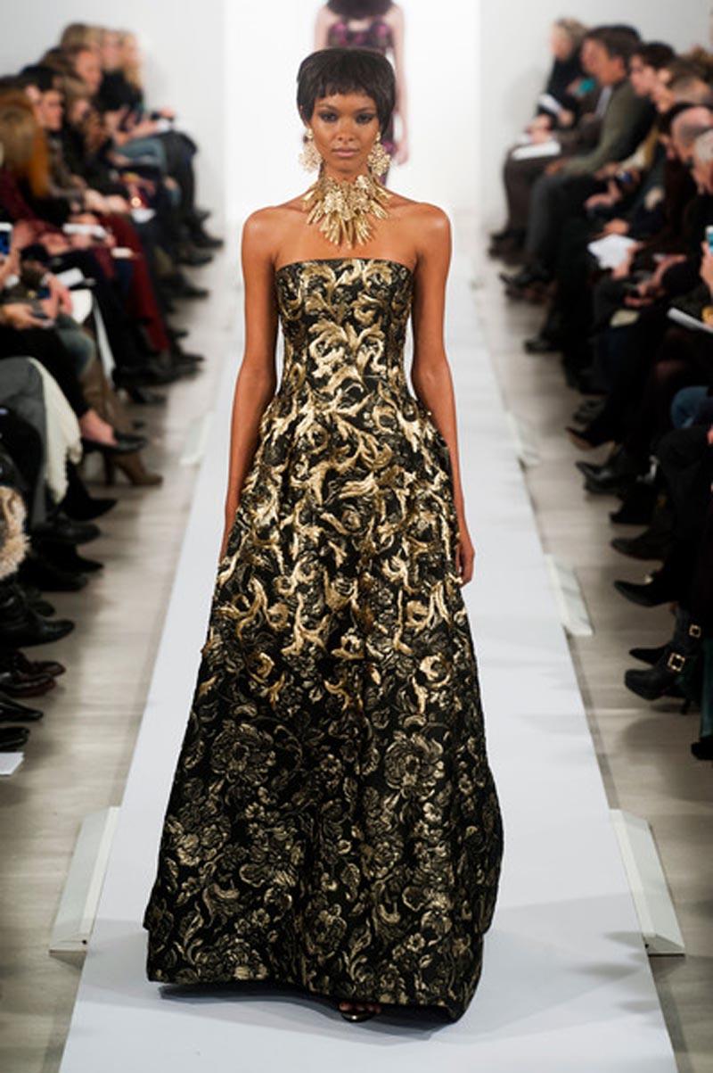 Oscar de la Renta H/W 2014 Laufsteg Museum Roter Teppich Schwarzes Goldkleid Kleid L / XL Damen im Angebot
