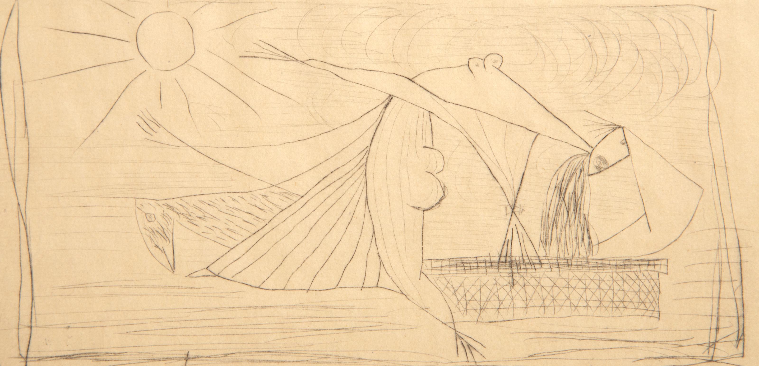 Figura in paesaggio, acquaforte surrealista di Oscar Dominguez - Print Surrealismo di Óscar Domínguez