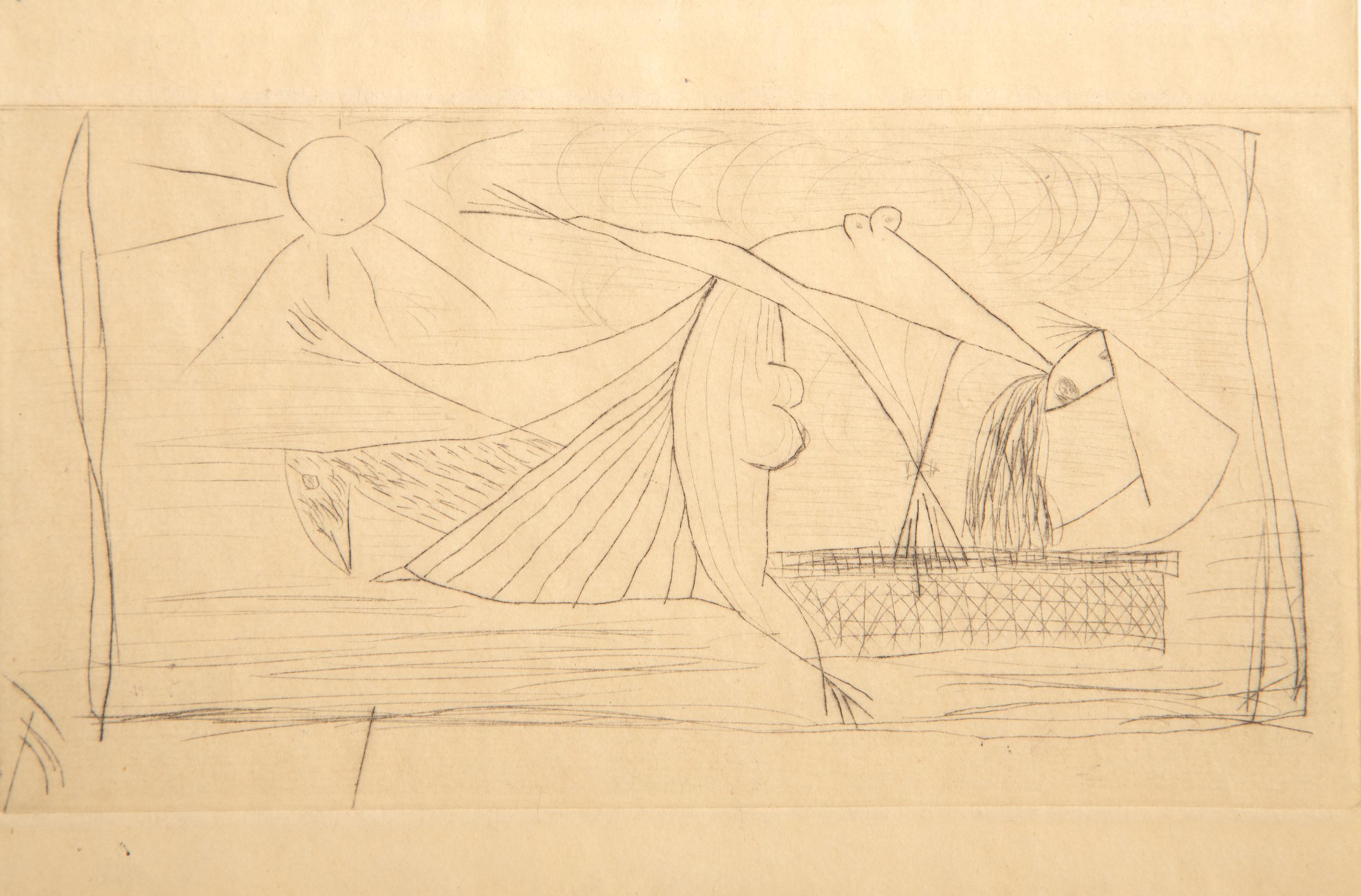 Figura in paesaggio, acquaforte surrealista di Oscar Dominguez - Print di Óscar Domínguez