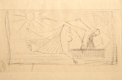 Figura en paisaje, aguafuerte surrealista de Oscar Dominguez