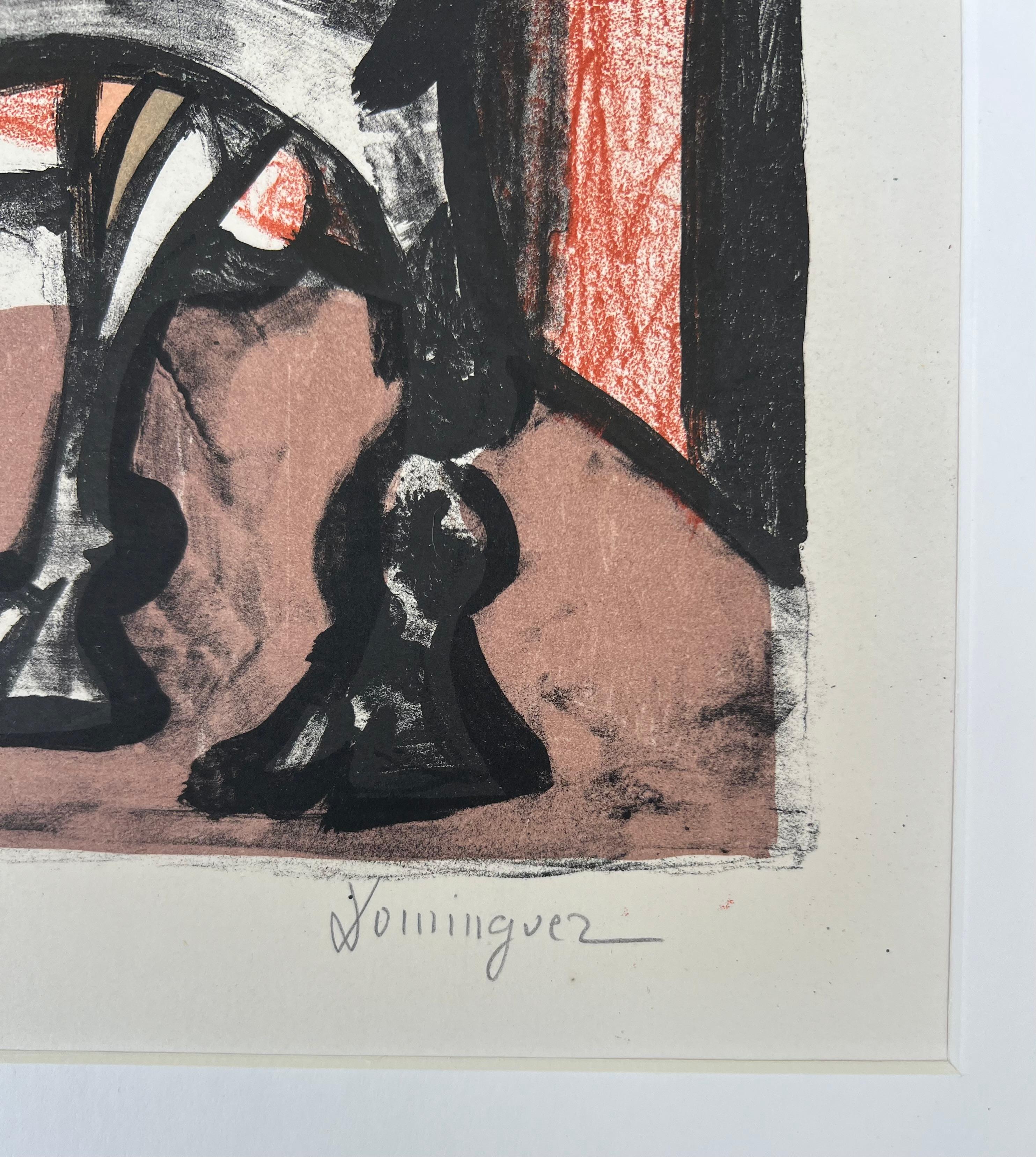 OSCAR DOMINGUEZ 1906-1957   Hommage an Manolete, 1955 
Es handelt sich um eine original signierte und nummerierte Farblithografie auf BFK Rives Vellum Papier.   Diese Farblithografie ist vom Künstler am unteren rechten Rand mit Bleistift