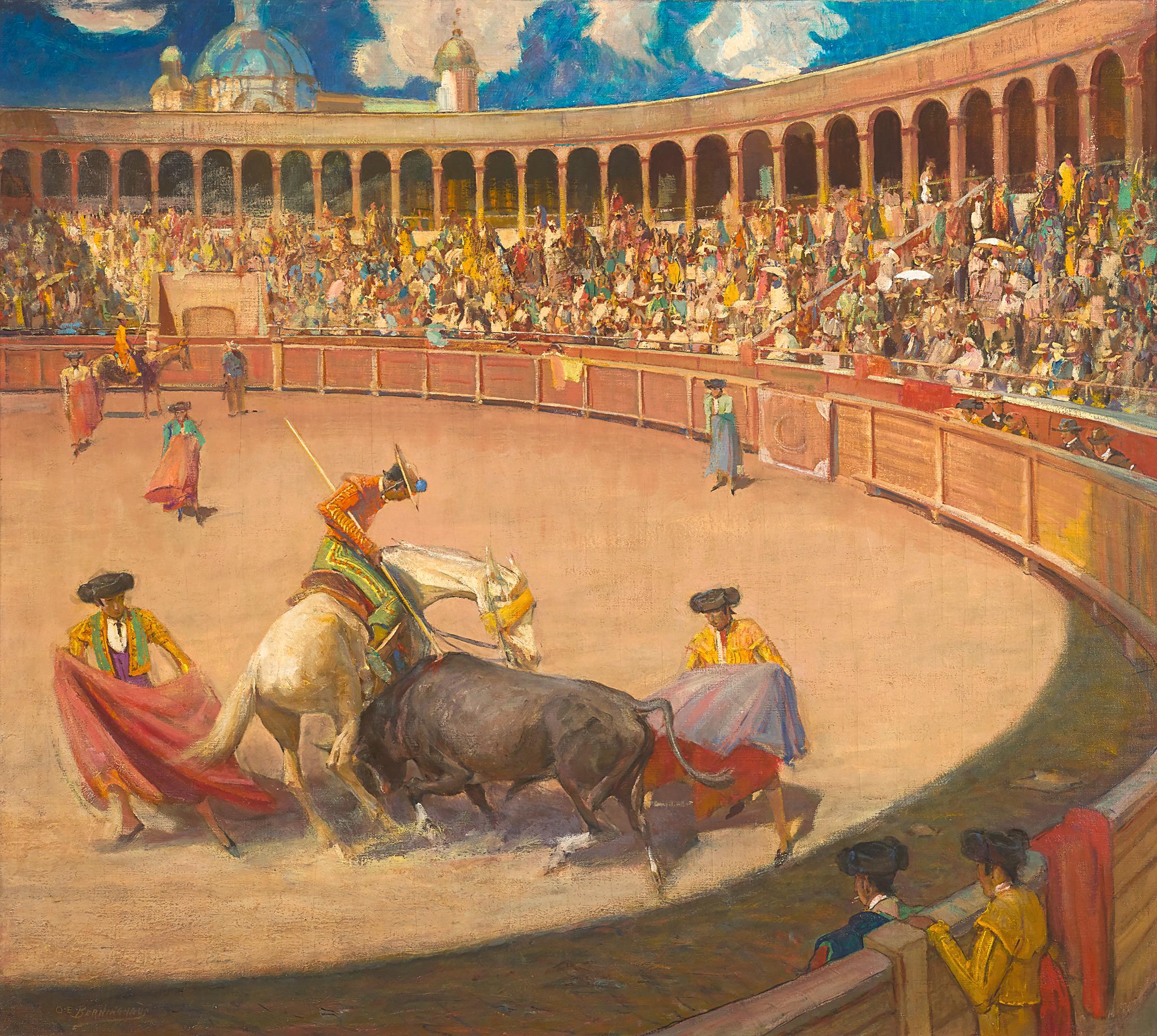 Oscar Edmund Berninghaus Figurative Painting - Bullfighting by Oscar E. Berninghaus