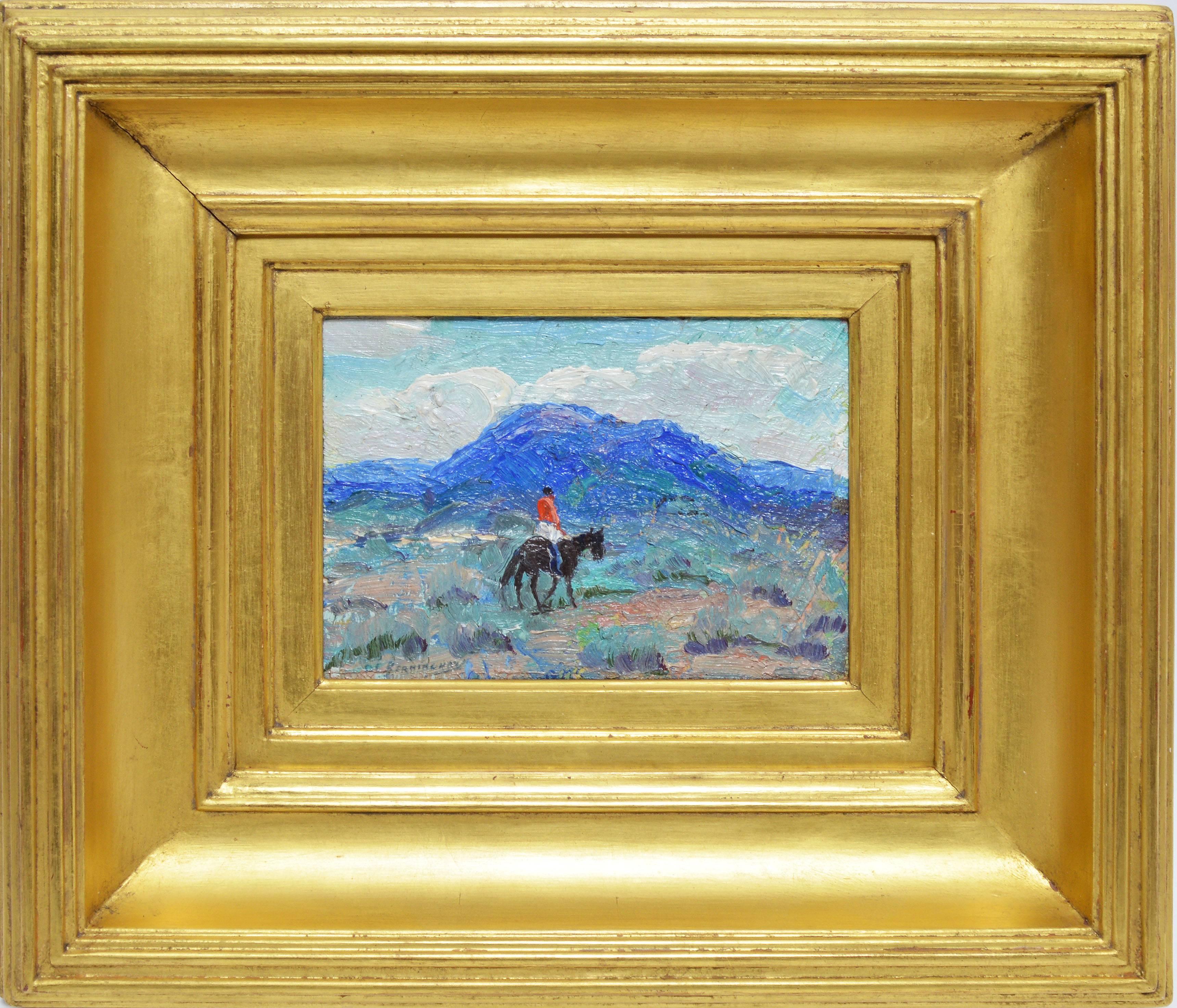 Impressionist landscape with a Native American on horseback by Oscar Edmund Berninghaus (1874 - 1952).   Oil on board, circa 1920. Displayed in a giltwood frame.  Image size, 5"L x 3.75"H, overall 11"L x 9"H.
