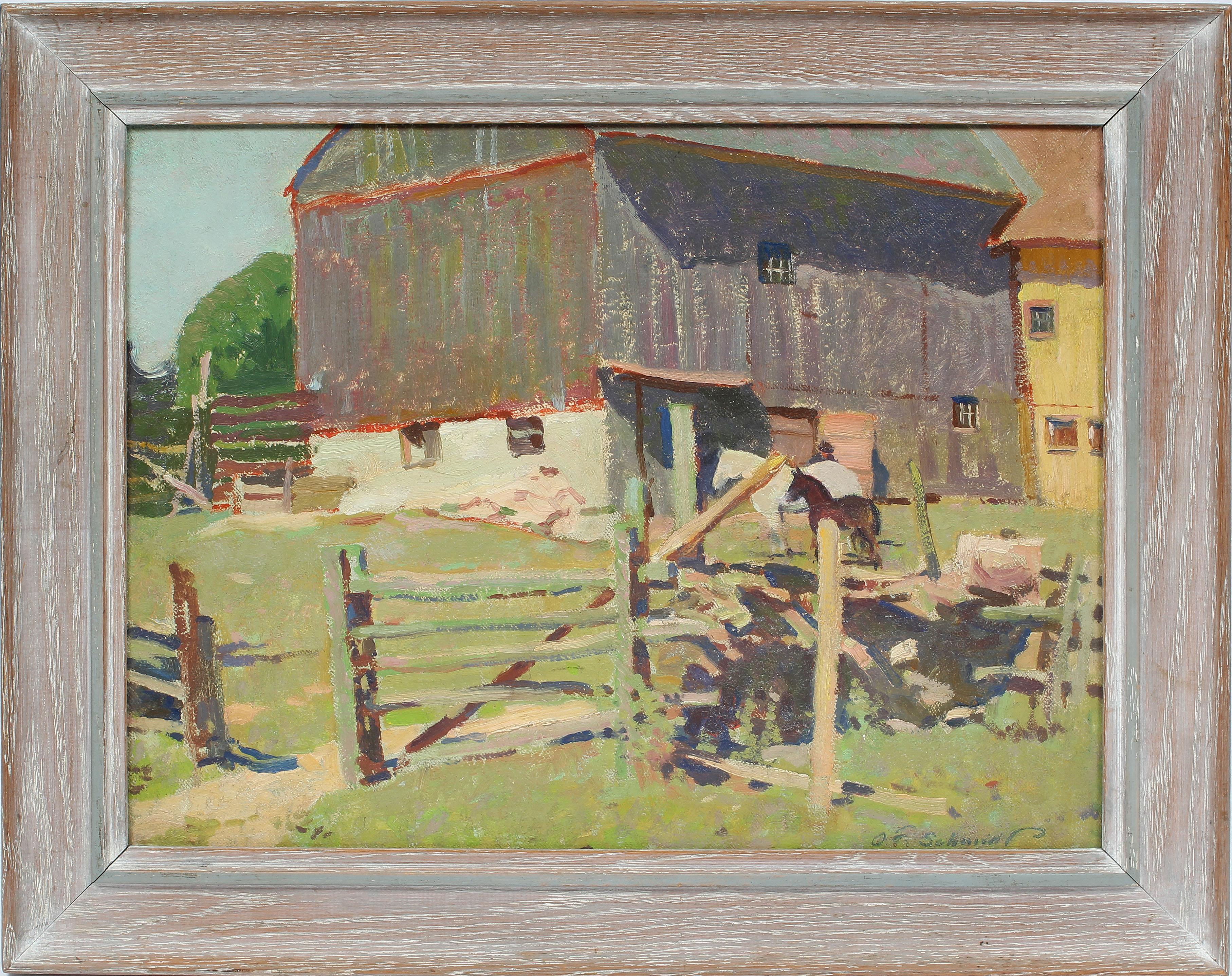 Oscar Frederick Schmidt Animal Painting - Antique Early American Modernist California Horse Farm Signed Barn Oil Painting
