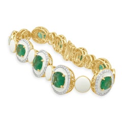Oscar Friedman 14k Yellow Gold Enamel, Emerald, and Diamond Station Bracelet
