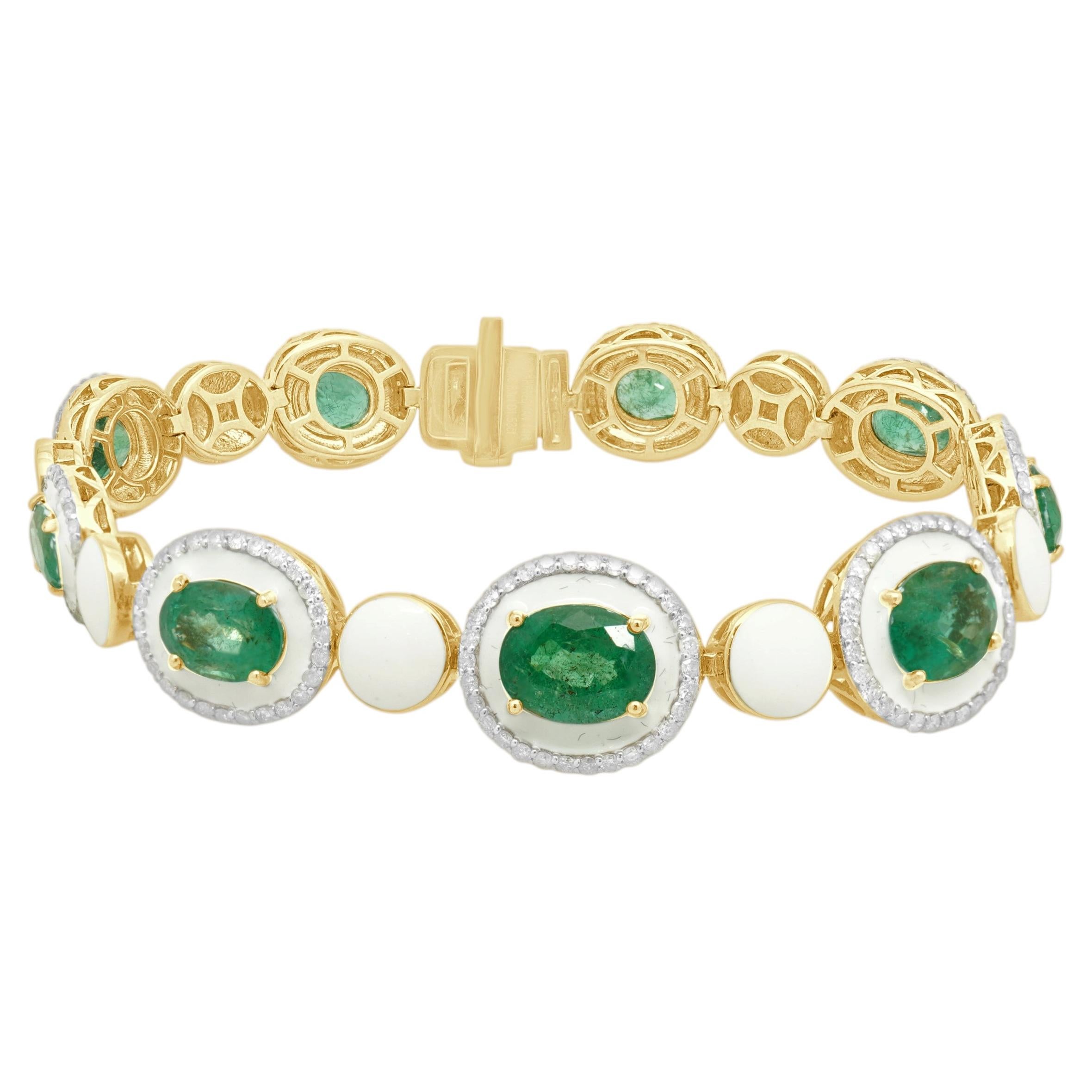 Oscar Friedman 14k Gelbgold Emaille, Smaragd, und Diamant-Station Armband