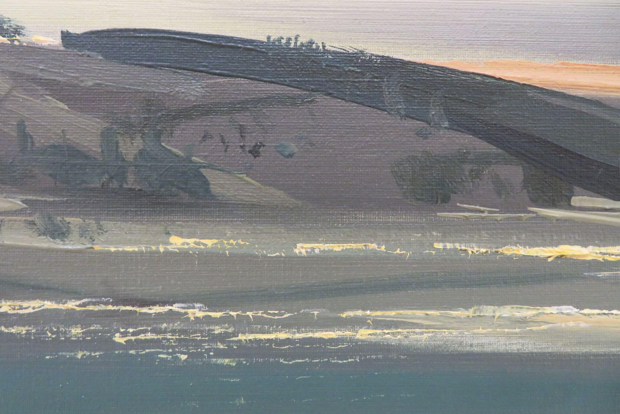 (1924-2022) Quadro ad olio scozzese POST IMPRESSIONISTA LOCH SCENE - eletto RSW - Landscape Painting Grigio di Oscar Goodall