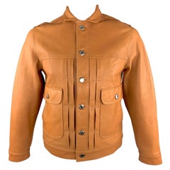 OSCAR H. GRAND Size M Tan Leather Flap Pockets Silver Buttons Back Belt Trucker