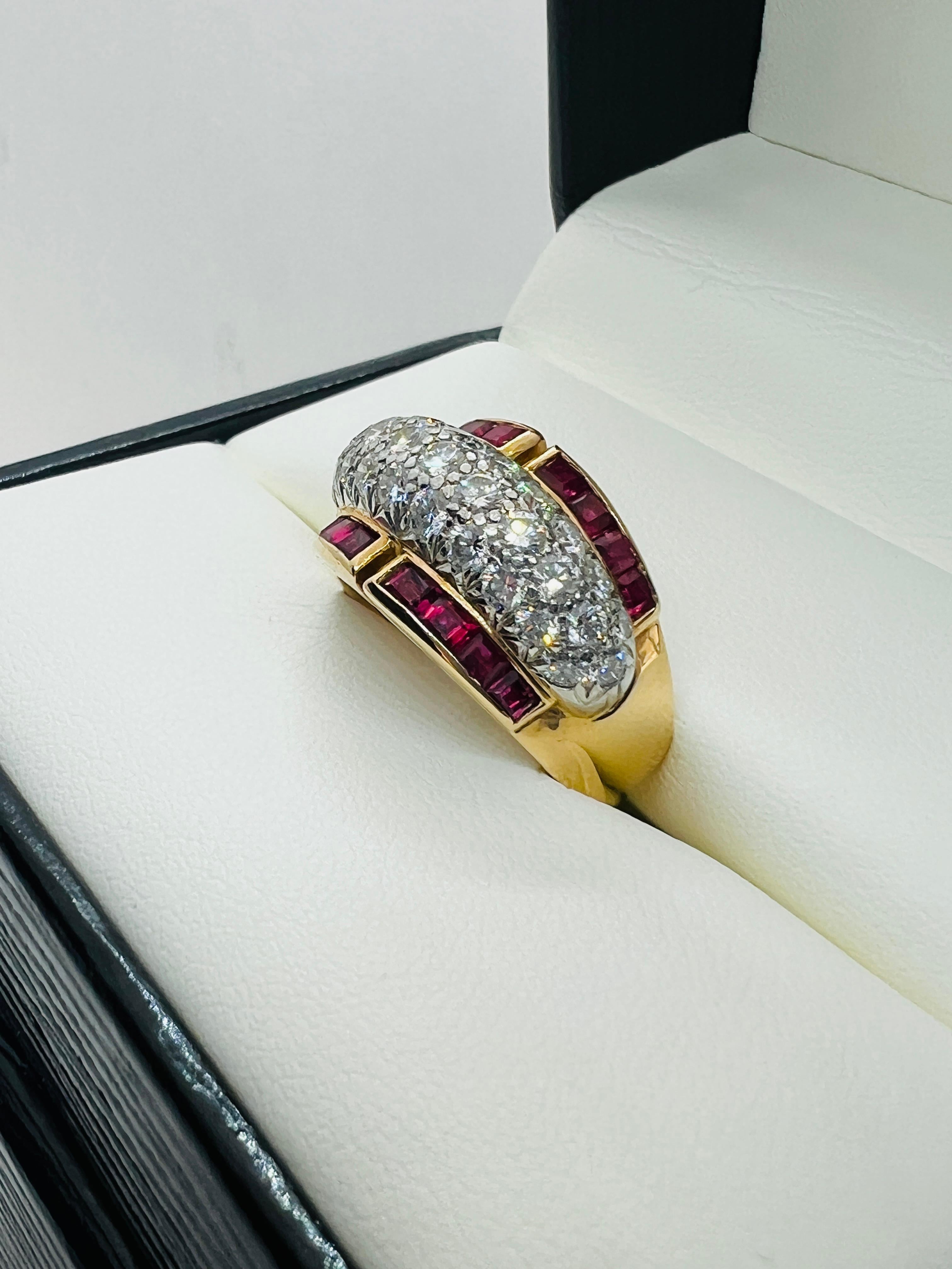 Round Cut Oscar He-man Brothers Retro 18K Yellow Gold & Platinum Diamond & Ruby Ring  For Sale