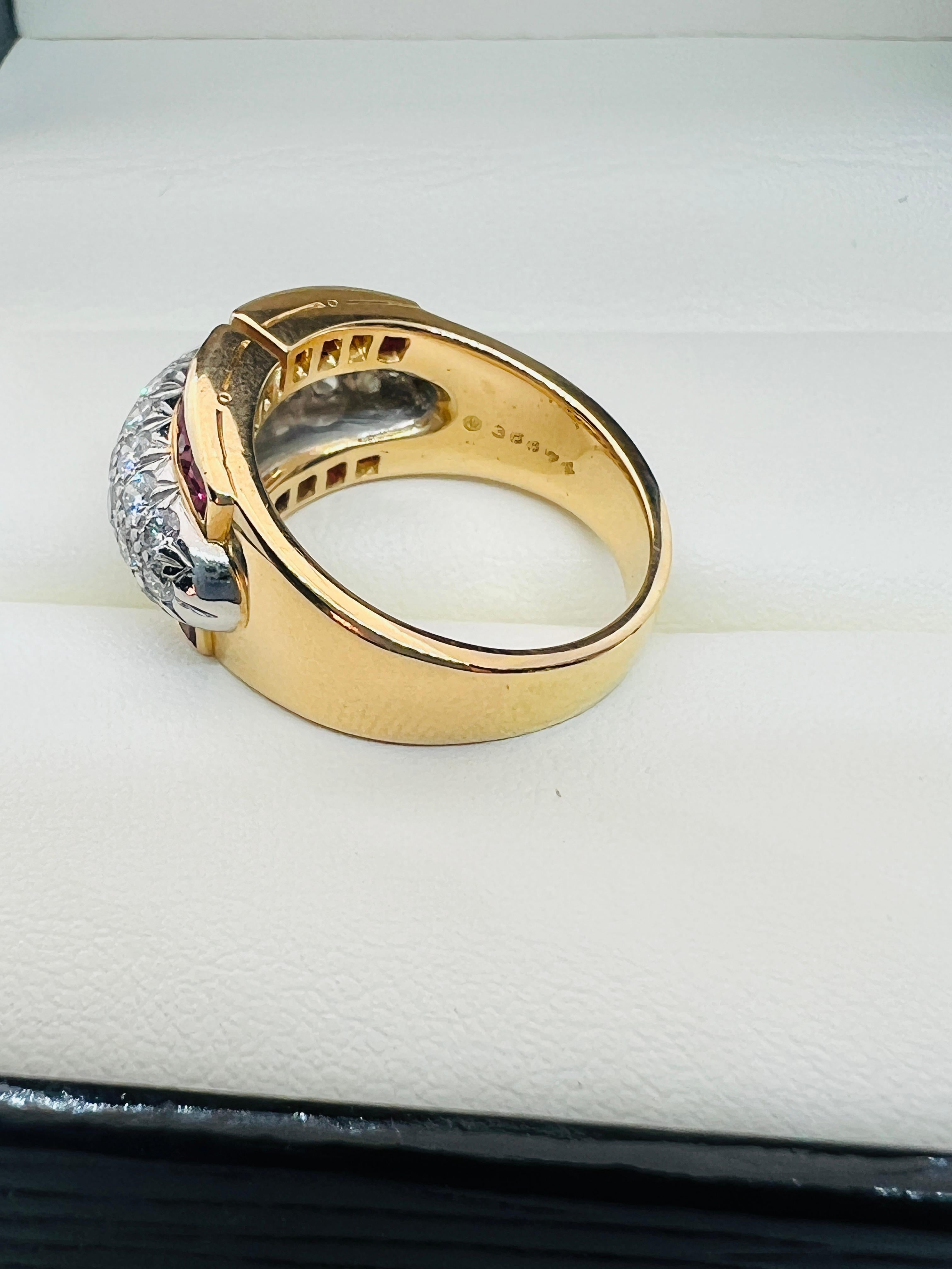 Women's Oscar He-man Brothers Retro 18K Yellow Gold & Platinum Diamond & Ruby Ring  For Sale