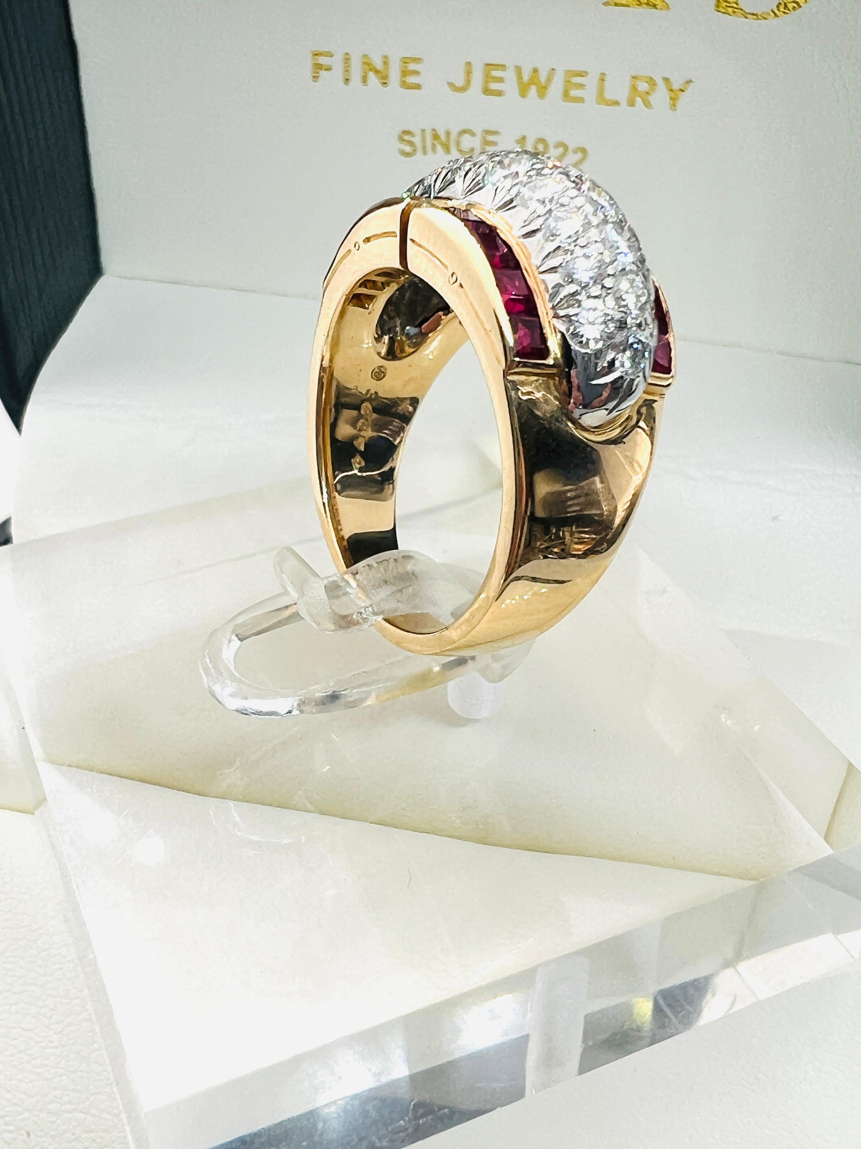 Oscar He-man Brothers Retro 18K Yellow Gold & Platinum Diamond & Ruby Ring  For Sale 4