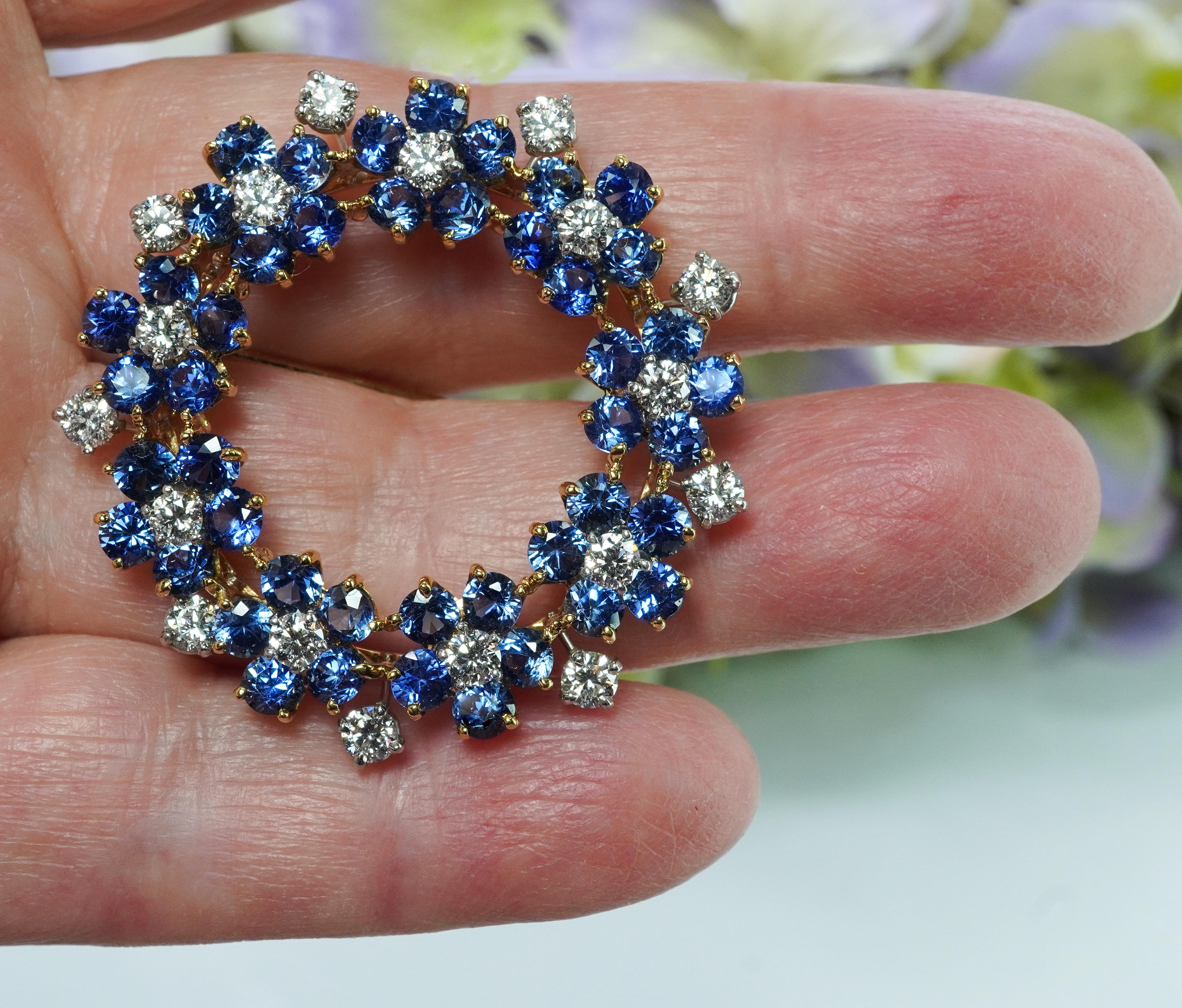 Round Cut Oscar Heyman 10.35ct Sapphire Diamond Brooch 18K Gold Platinum Certified Large For Sale