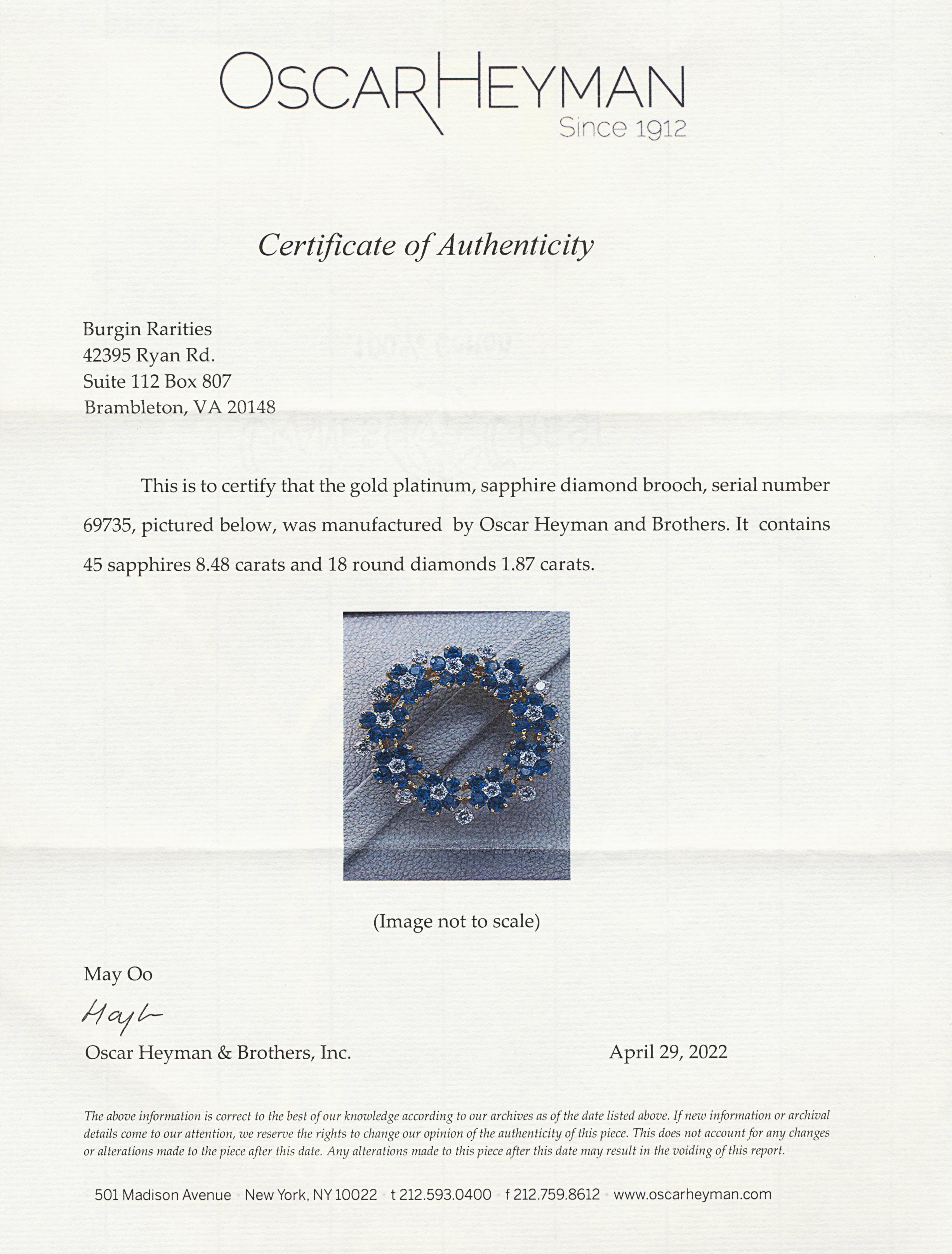 Oscar Heyman 10.35ct Sapphire Diamond Brooch 18K Gold Platinum Certified Large In Good Condition For Sale In Brambleton, US