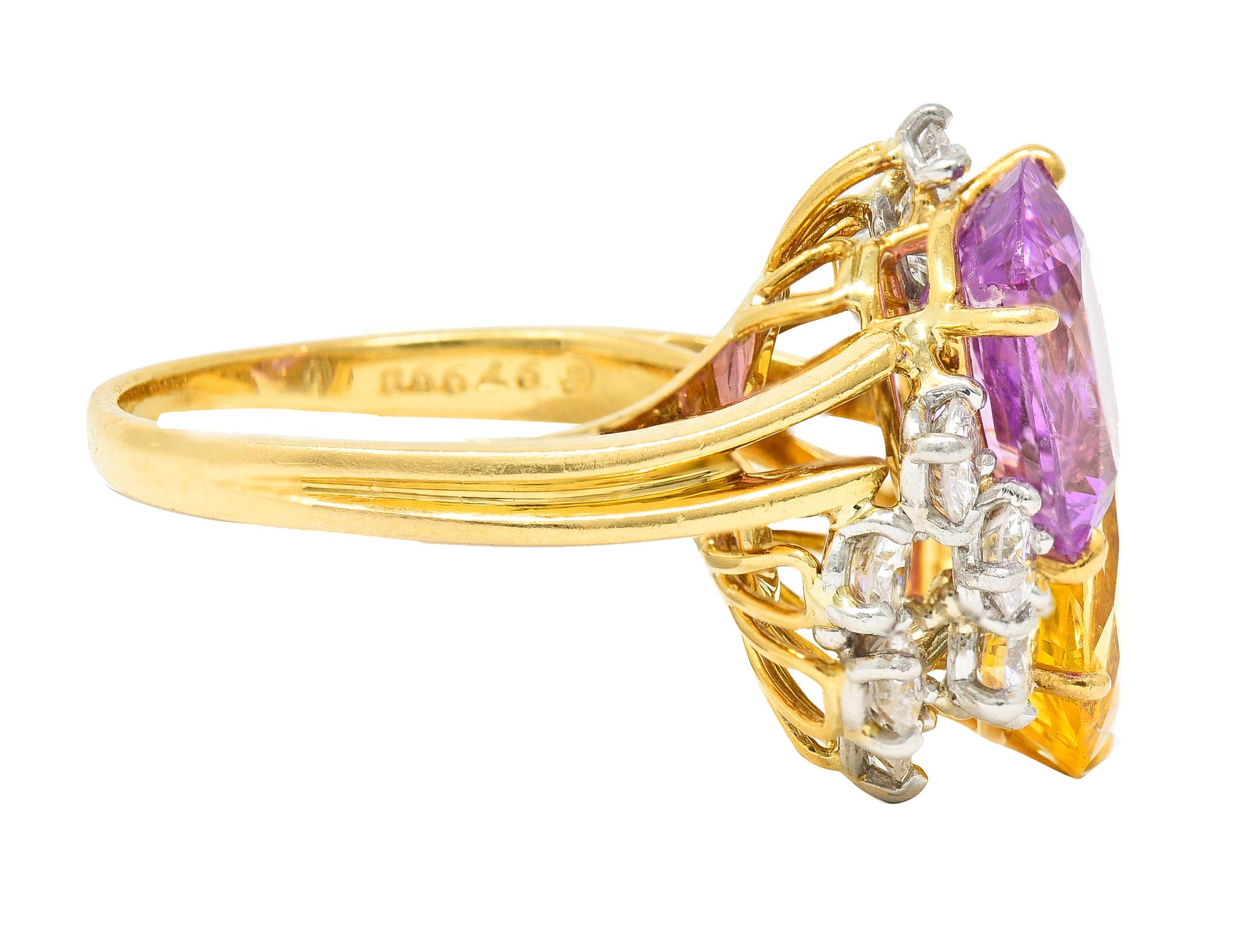 Contemporary Oscar Heyman 11.12 Carats Pink & Yellow Sapphire Diamond Platinum 18K Gold Ring For Sale