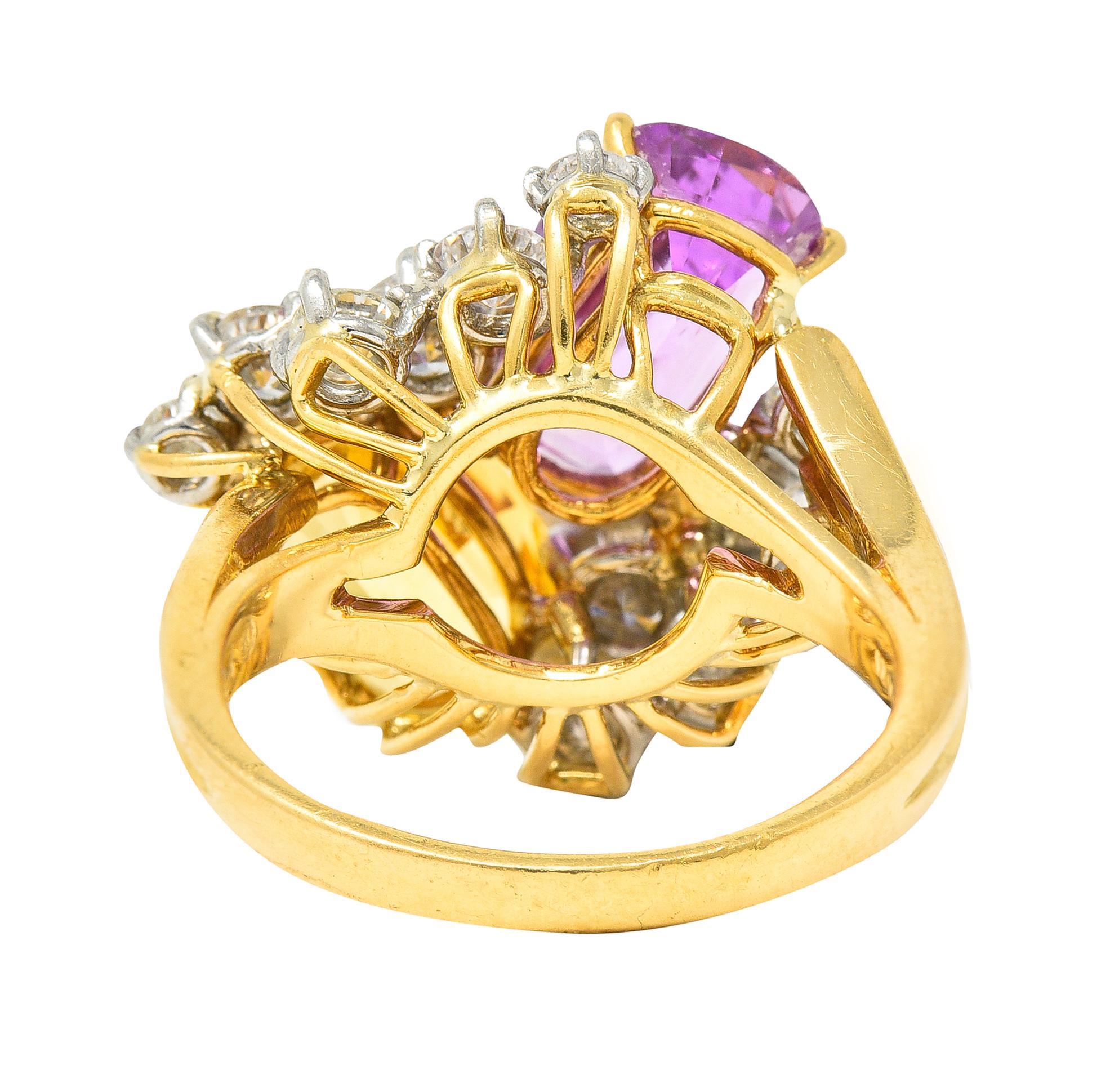Cushion Cut Oscar Heyman 11.12 Carats Pink & Yellow Sapphire Diamond Platinum 18K Gold Ring For Sale