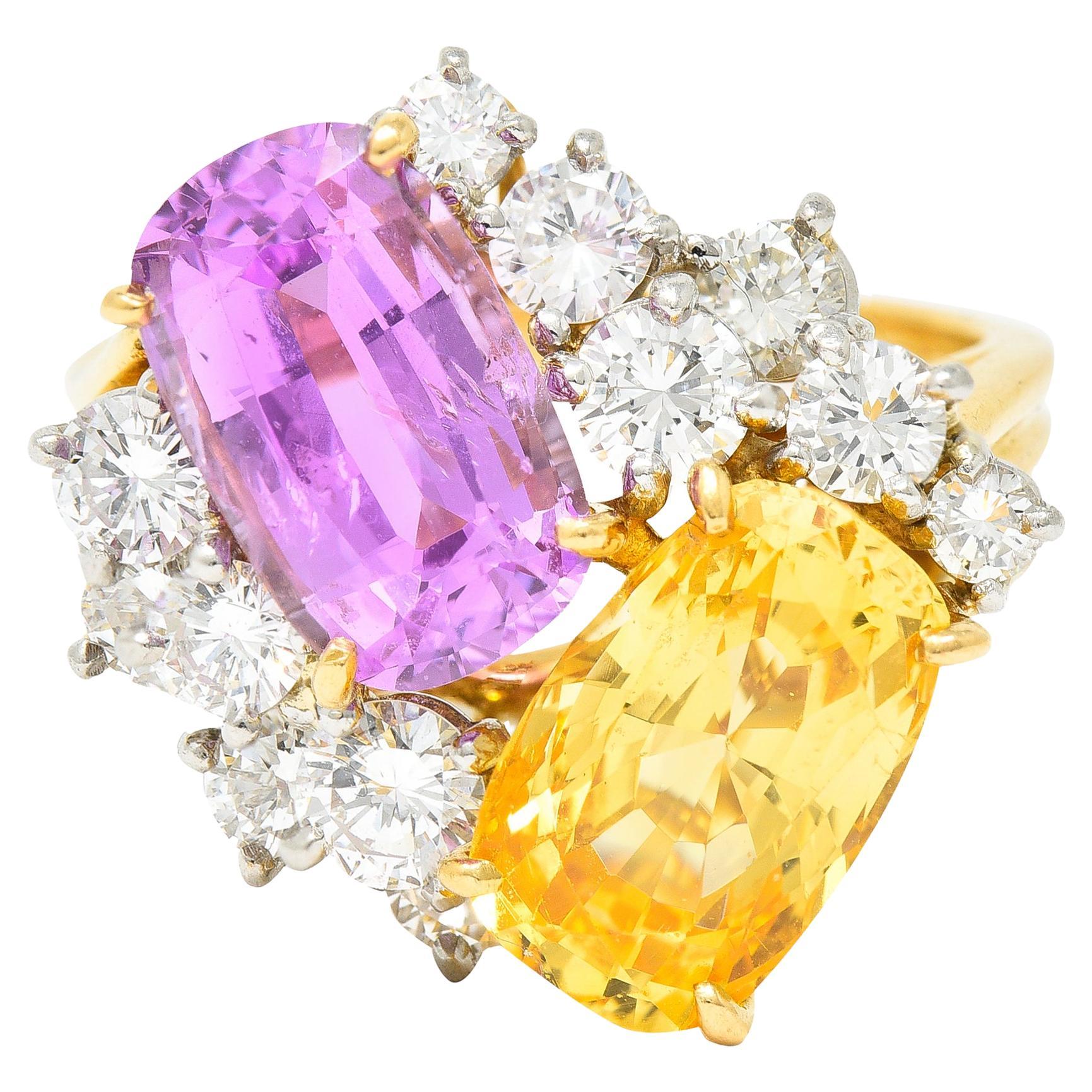 Oscar Heyman 11.12 Carats Pink & Yellow Sapphire Diamond Platinum 18K Gold Ring en vente