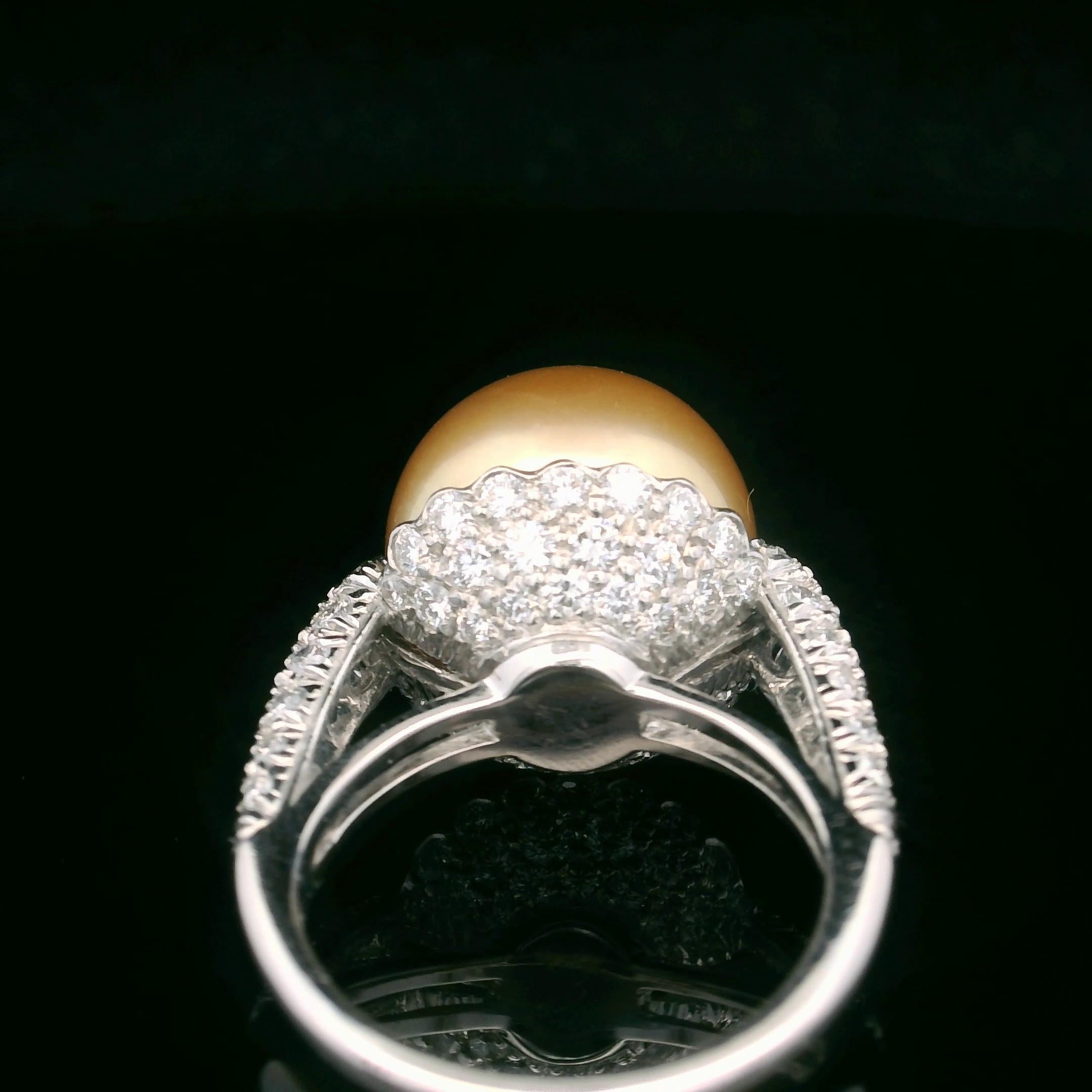 Round Cut Oscar Heyman 14mm Golden South Sea Pearl & Diamond Ring For Sale
