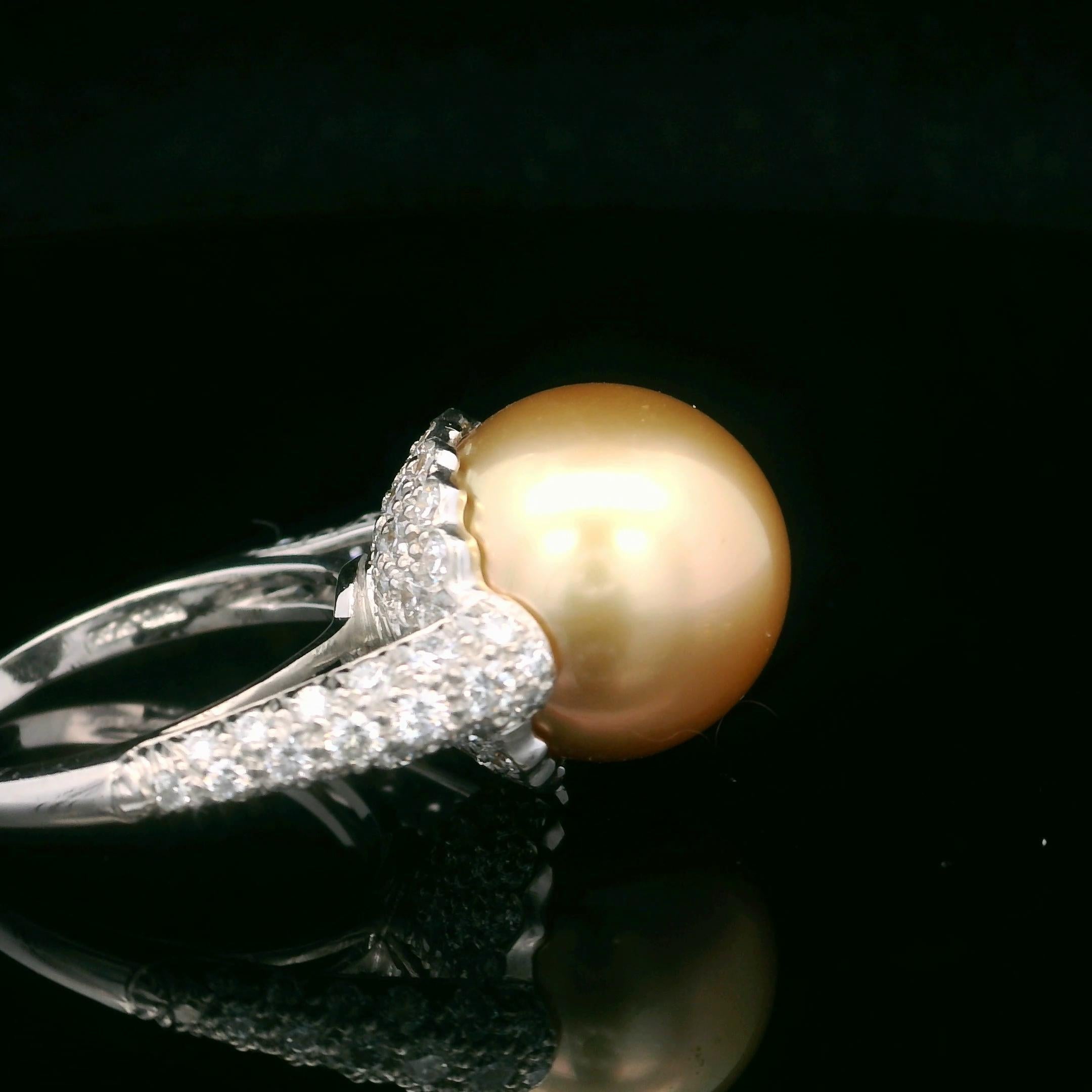 Oscar Heyman 14mm Golden South Sea Pearl & Diamond Ring In New Condition For Sale In New York City, NY