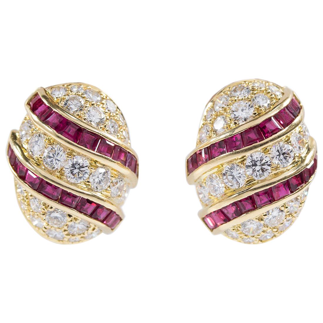 Oscar Heyman 18 Karat Gold Calibre Ruby and Round Diamond Clip Earrings