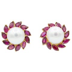 Oscar Heyman 18 Karat Gold South Sea Pearl and Ruby Clip Earrings