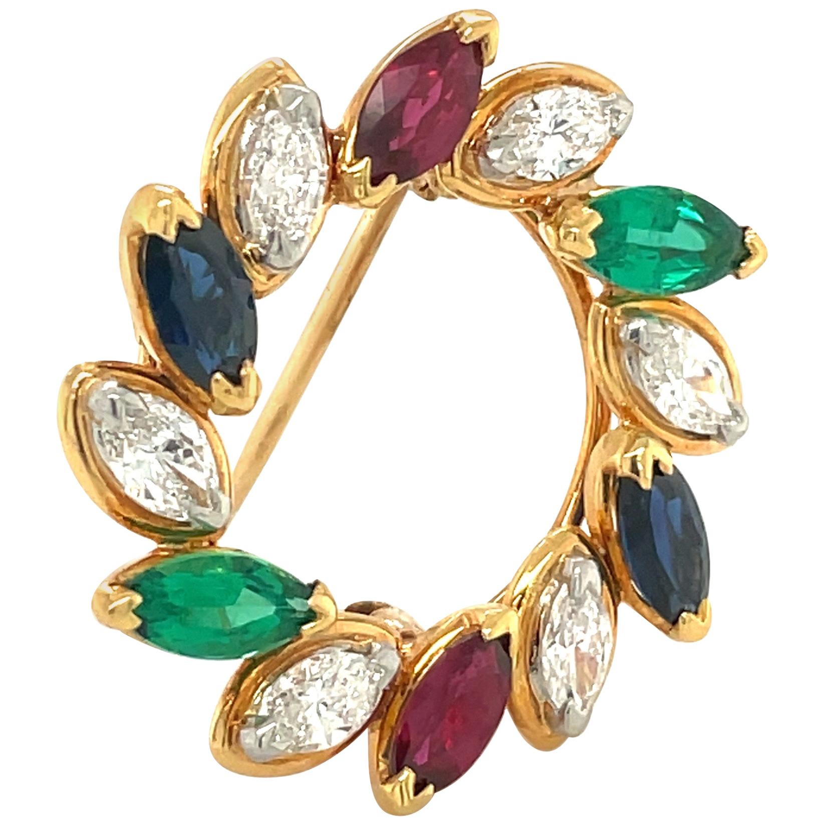 Oscar Heyman 18 Karat Gold Wreath Brooch with Marquis Diamonds and Gem Stones