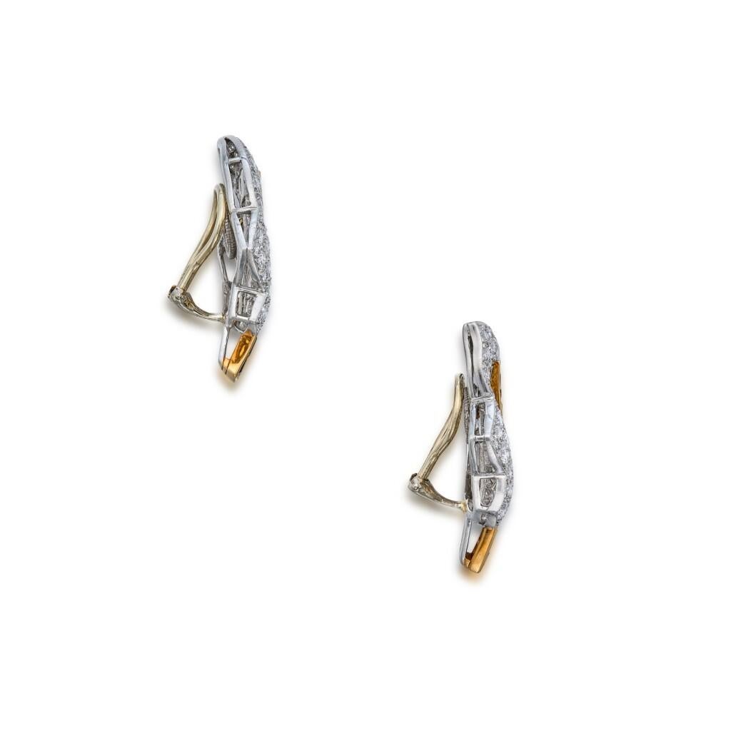 Women's Oscar Heyman 18k Gold and Platinum Diamond and Blue Sapphire Leaf Ear Clips For Sale