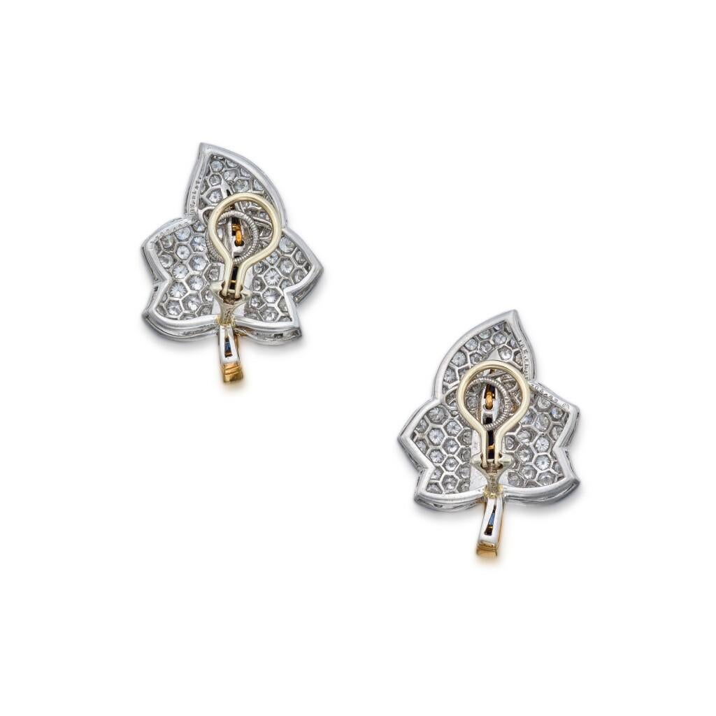 Oscar Heyman 18k Gold and Platinum Diamond and Blue Sapphire Leaf Ear Clips For Sale 1