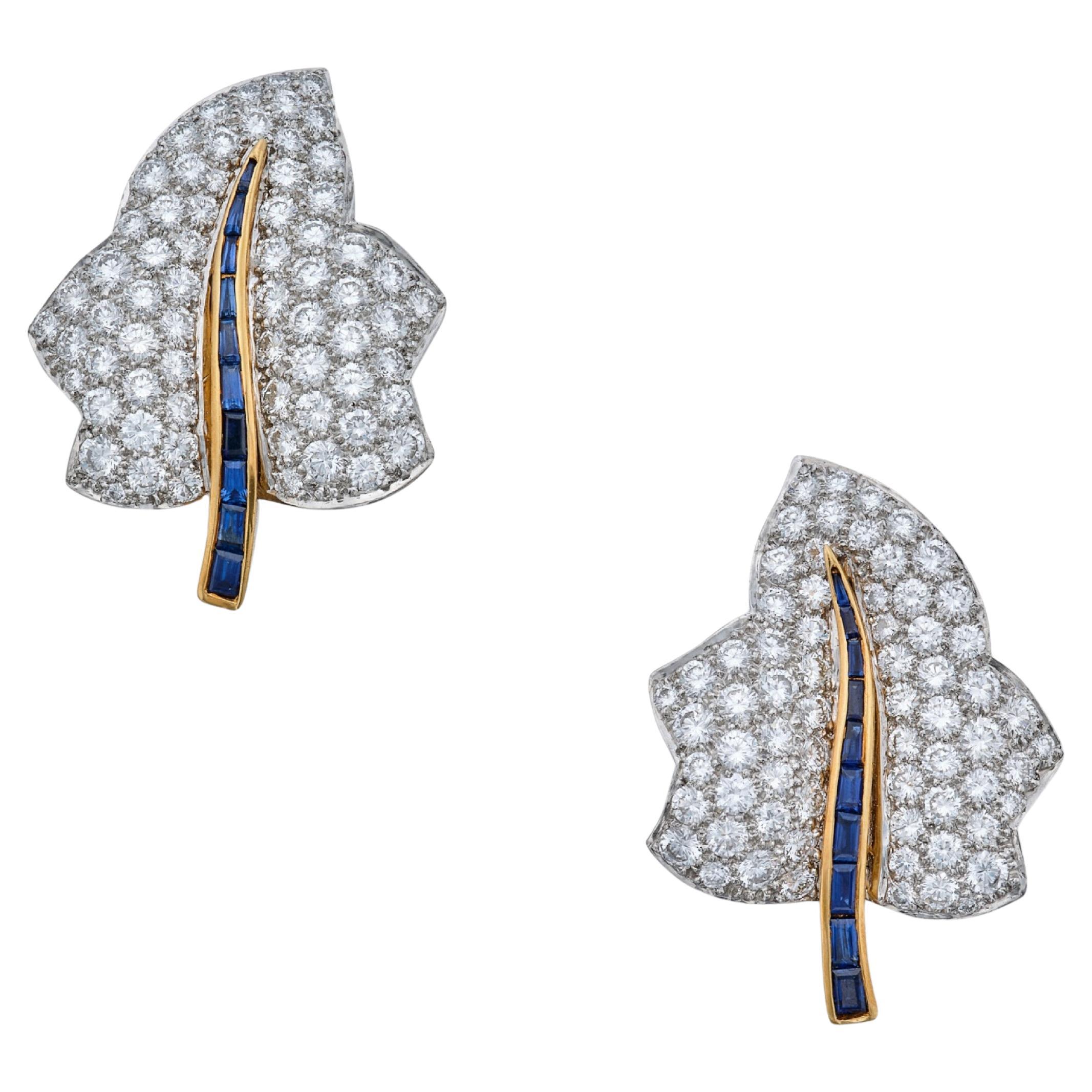 Oscar Heyman 18k Gold and Platinum Diamond and Blue Sapphire Leaf Ear Clips