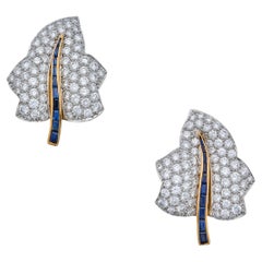 Oscar Heyman 18k Gold and Platinum Diamond and Blue Sapphire Leaf Ear Clips