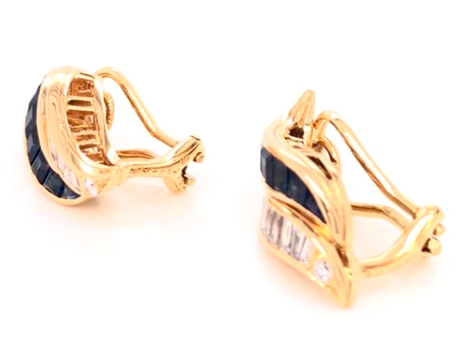 Oscar Heyman 18k yellow gold earrings contain 4 Round Diamonds 0.09cts, 20 Baguette Diamonds 1.01cts, and 16 Square Sapphires 2.00cts. It is stamped with the makers mark, 18K, and serial number 706174.

Earrings have clip backs and a post can be
