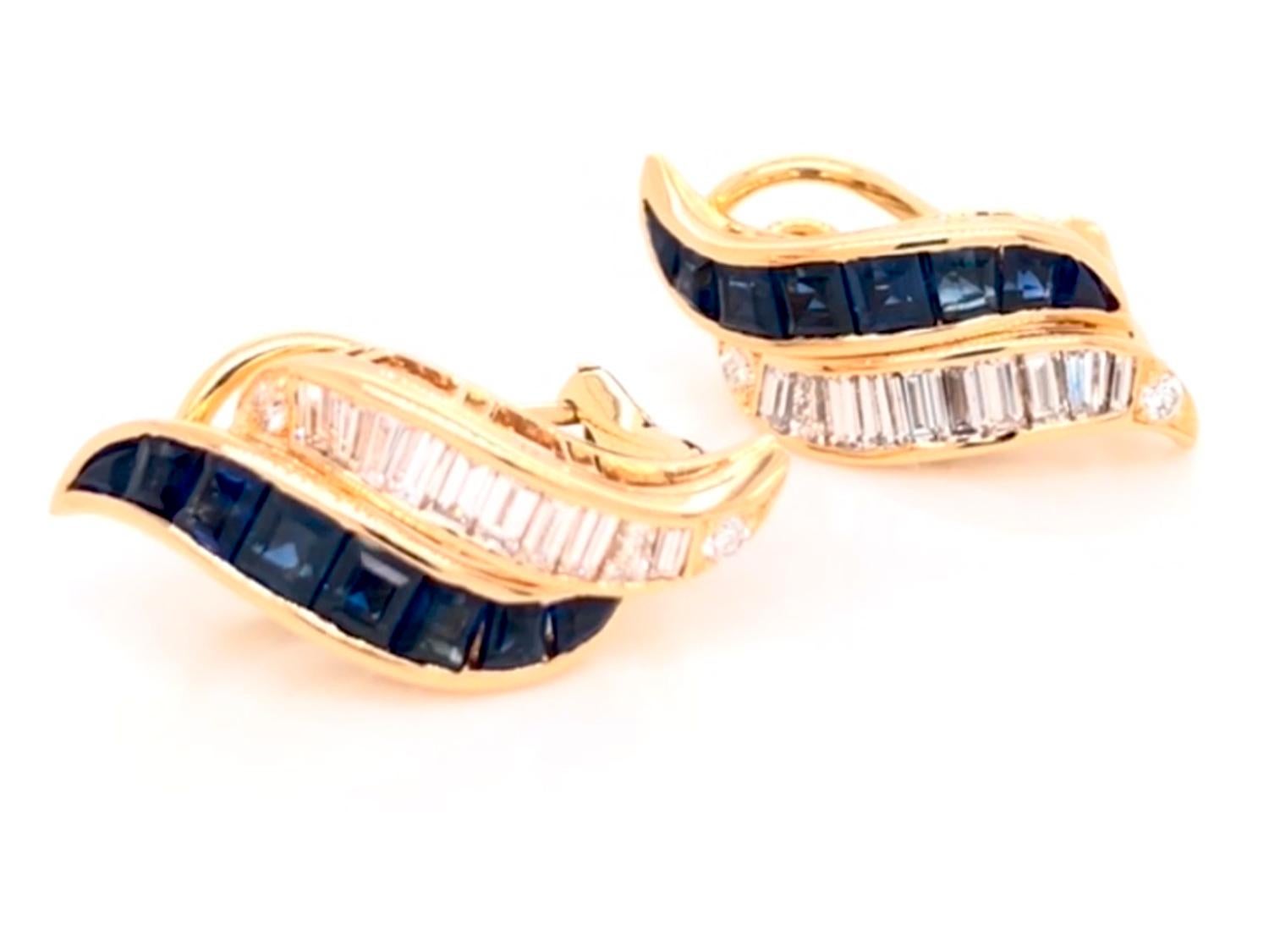 Square Cut Oscar Heyman 18 Karat Gold Calibré Sapphire and Diamond Clip Earrings