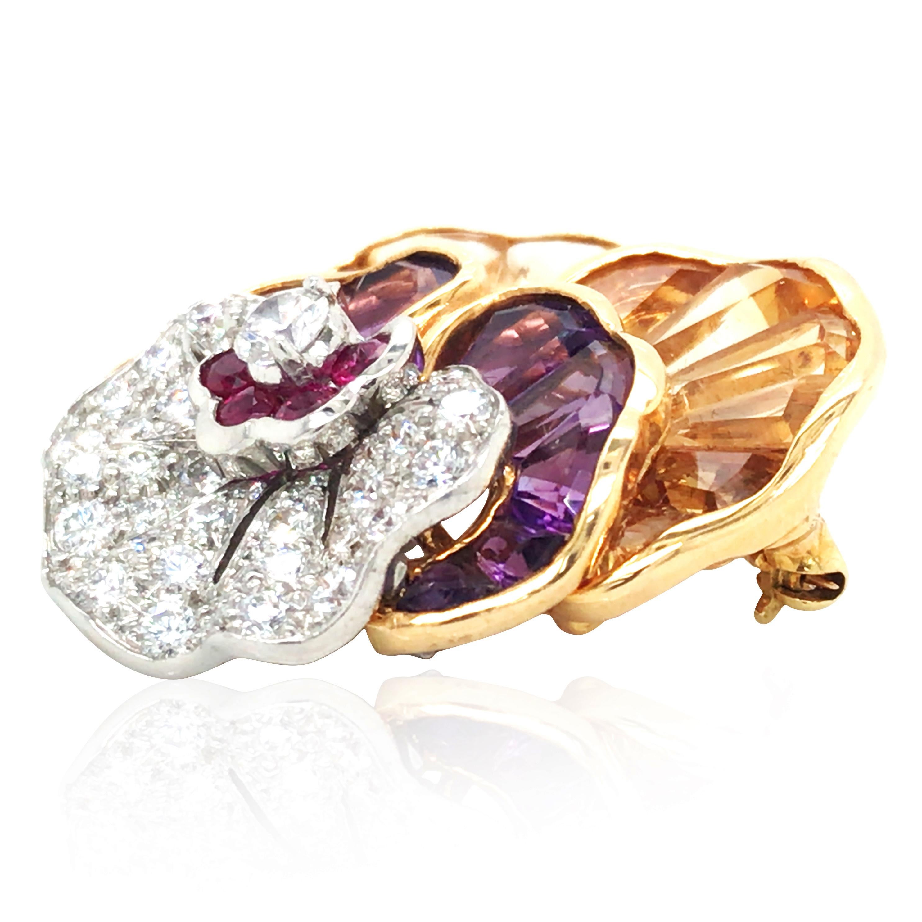 Mixed Cut Oscar Heyman, 18K Gold Gemstone Diamond Pansy Brooch For Sale