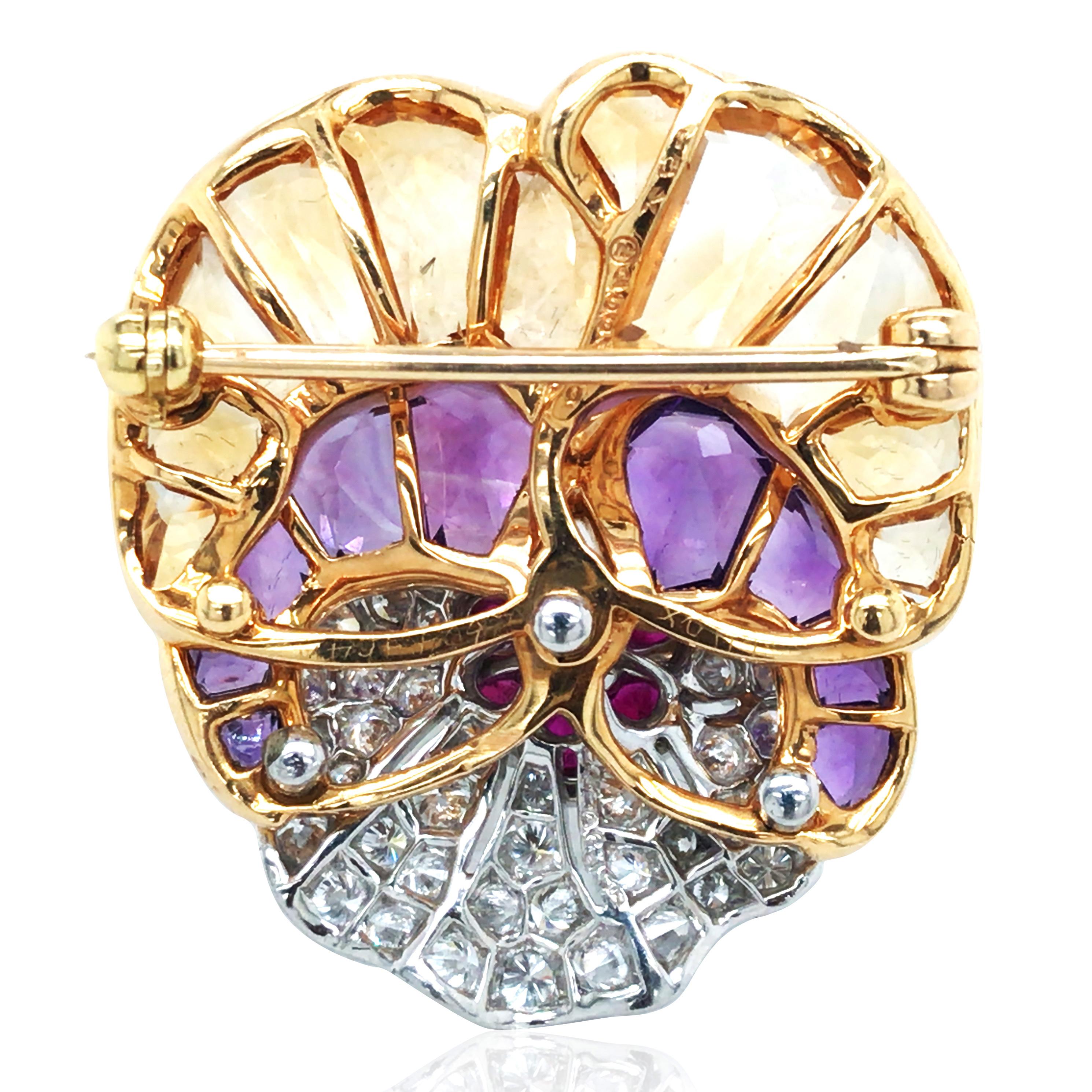 Oscar Heyman, 18K Gold Gemstone Diamond Pansy Brooch In Good Condition For Sale In New York, NY