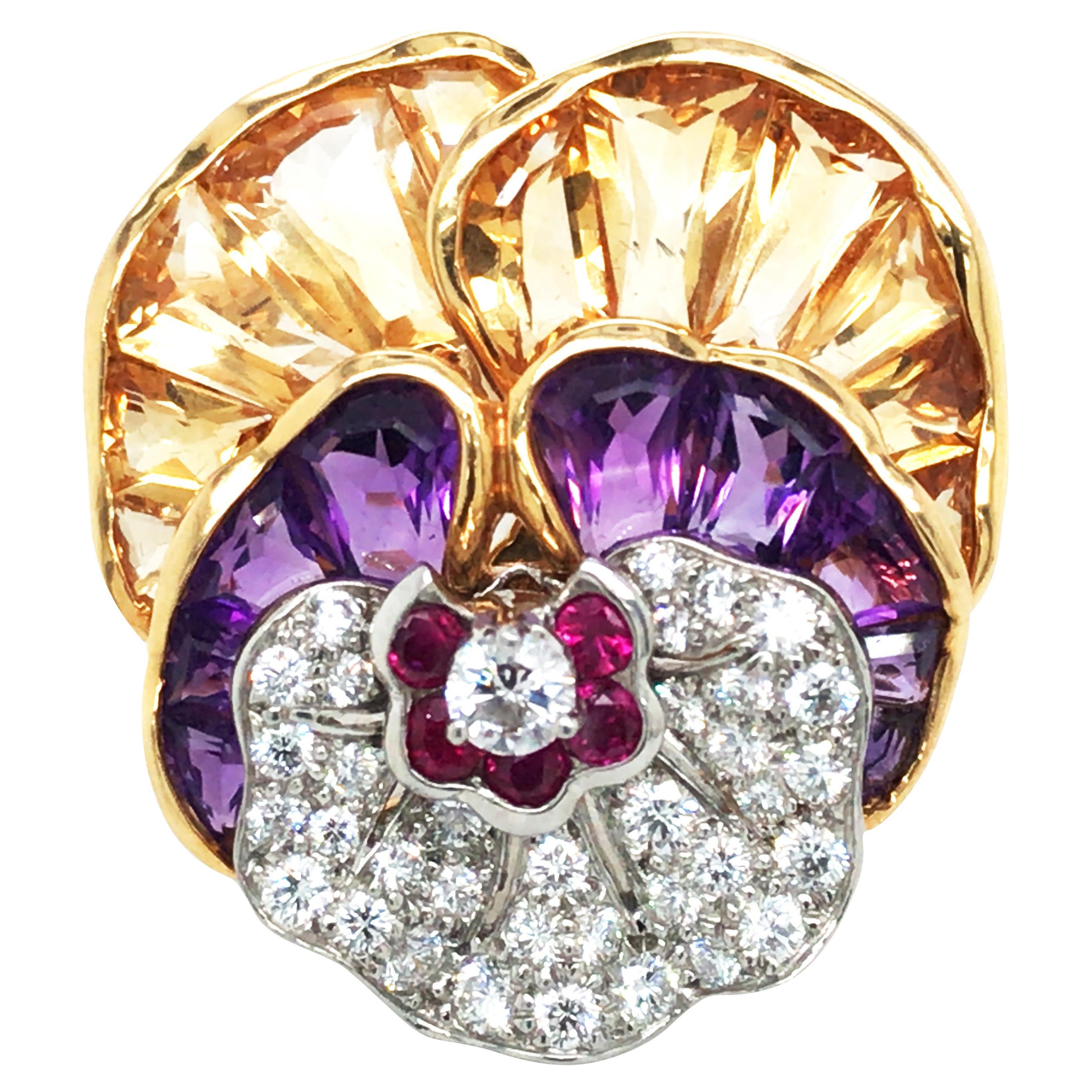 Oscar Heyman, Broche Pensamiento de Diamantes con Piedras Preciosas de Oro de 18 K