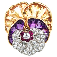 Oscar Heyman, Broche Pensamiento de Diamantes con Piedras Preciosas de Oro de 18 K