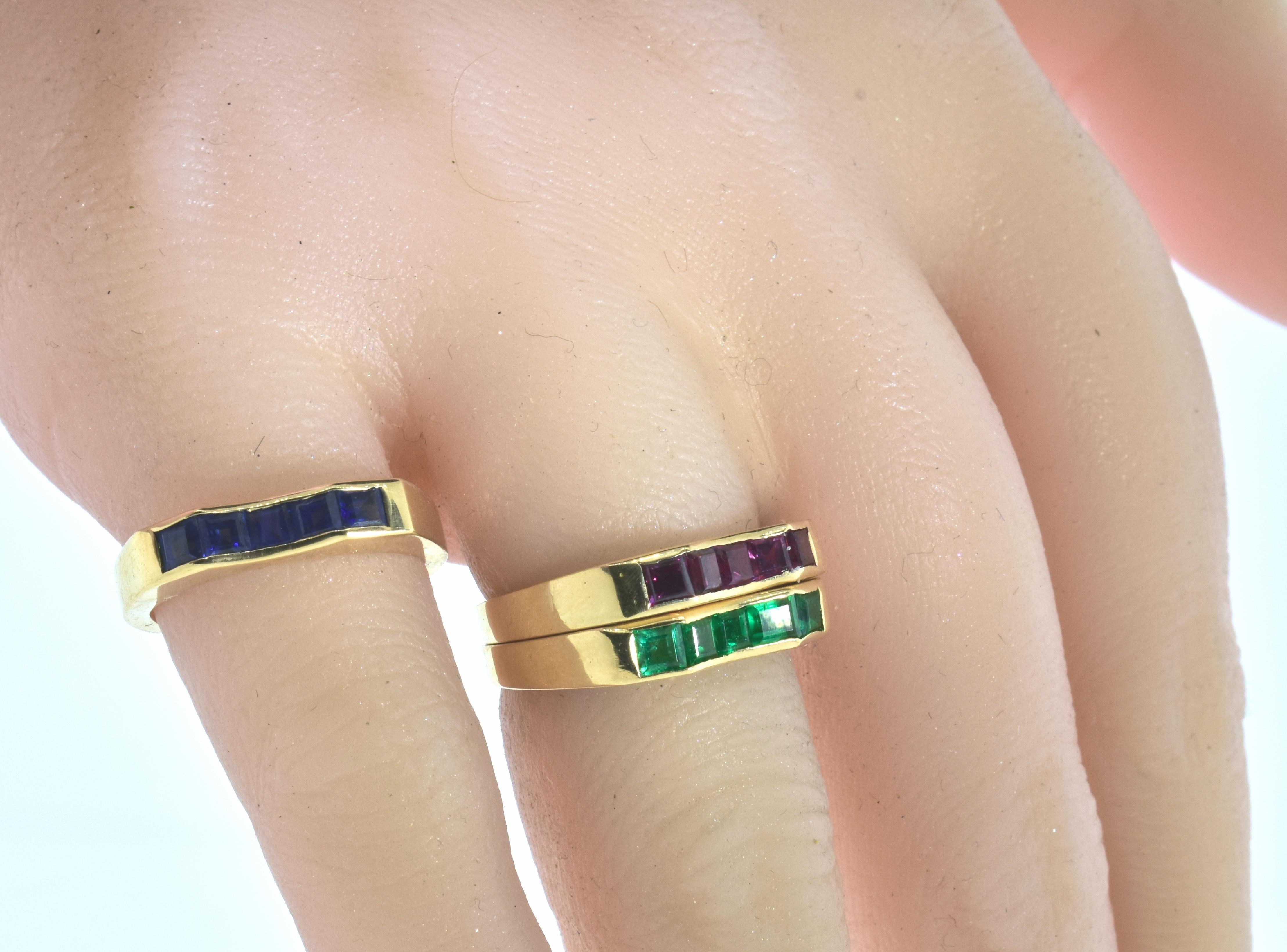 Square Cut Oscar Heyman 18k Gold Matching Rings with Fine Emerald, Sapphire and Ruby For Sale