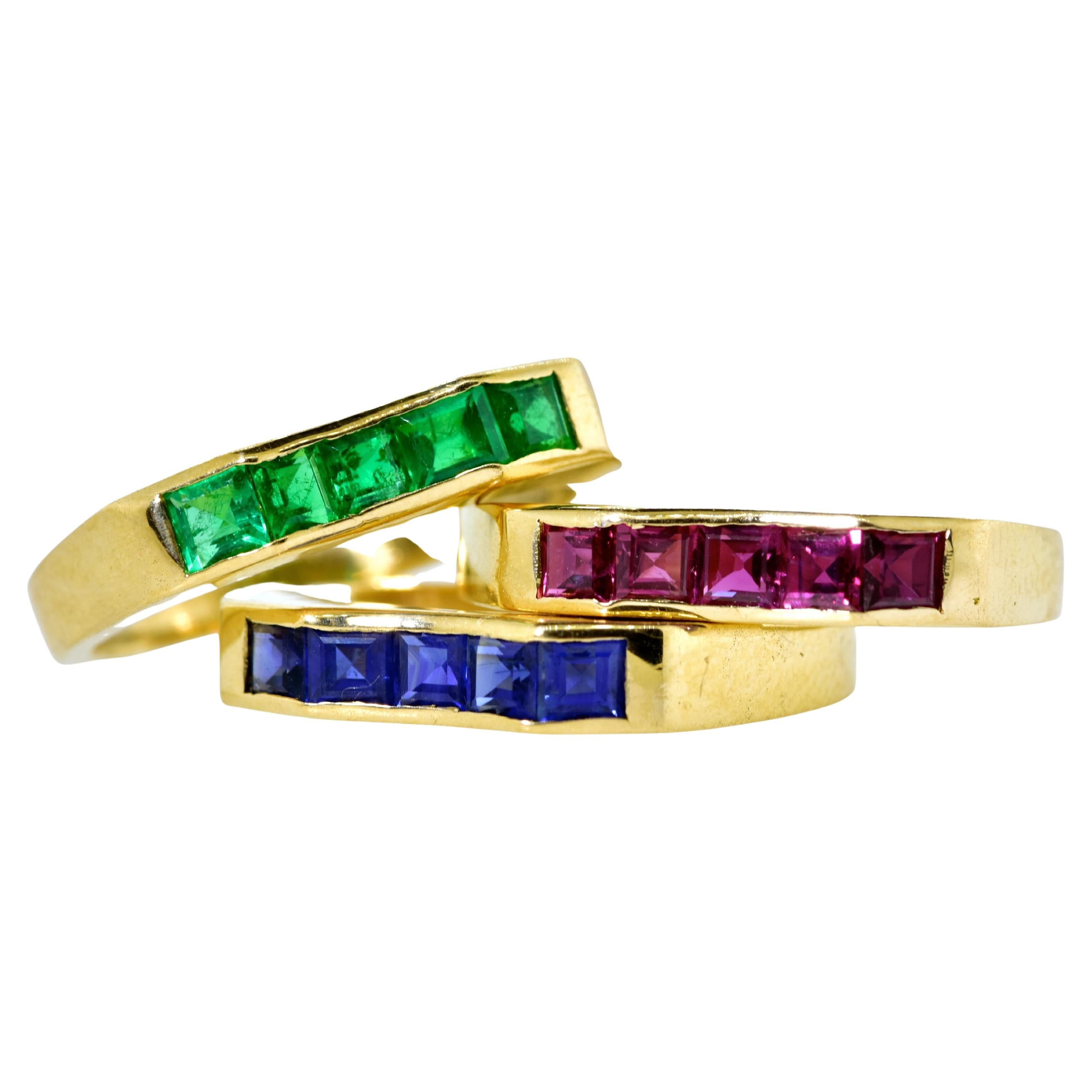 Women's Oscar Heyman 18k Gold Matching Rings with Fine Emerald, Sapphire and Ruby For Sale