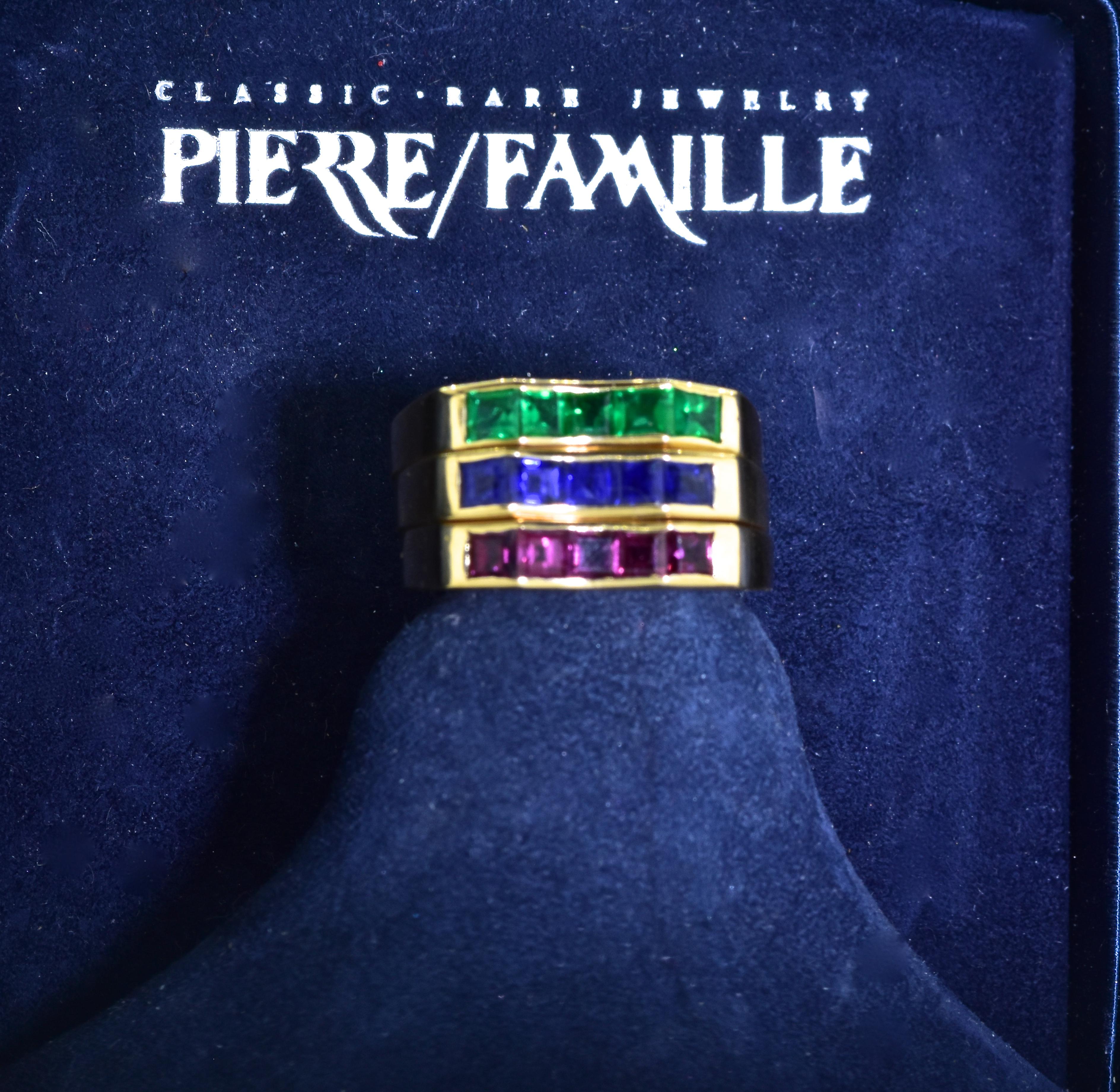 Square Cut Oscar Heyman 18k Gold Matching Rings with Fine Emerald, Sapphire and Ruby For Sale