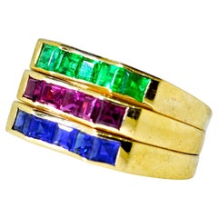 Oscar Heyman 18k Gold Matching Rings with Fine Emerald, Sapphire and Ruby