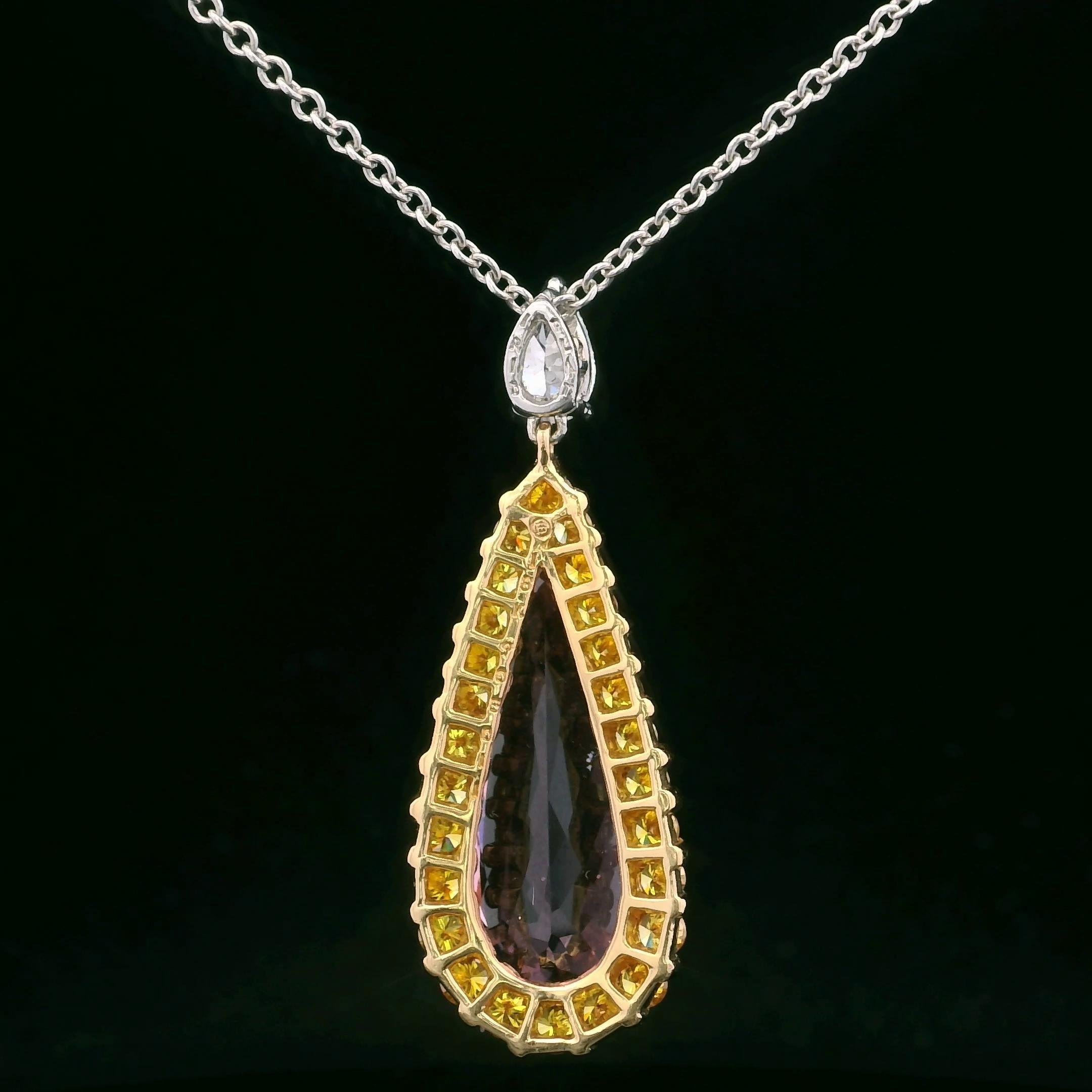 Pear Cut Oscar Heyman 18k Gold & Platinum 6.59ct Morganite & FV Yellow Diamond Pendant For Sale