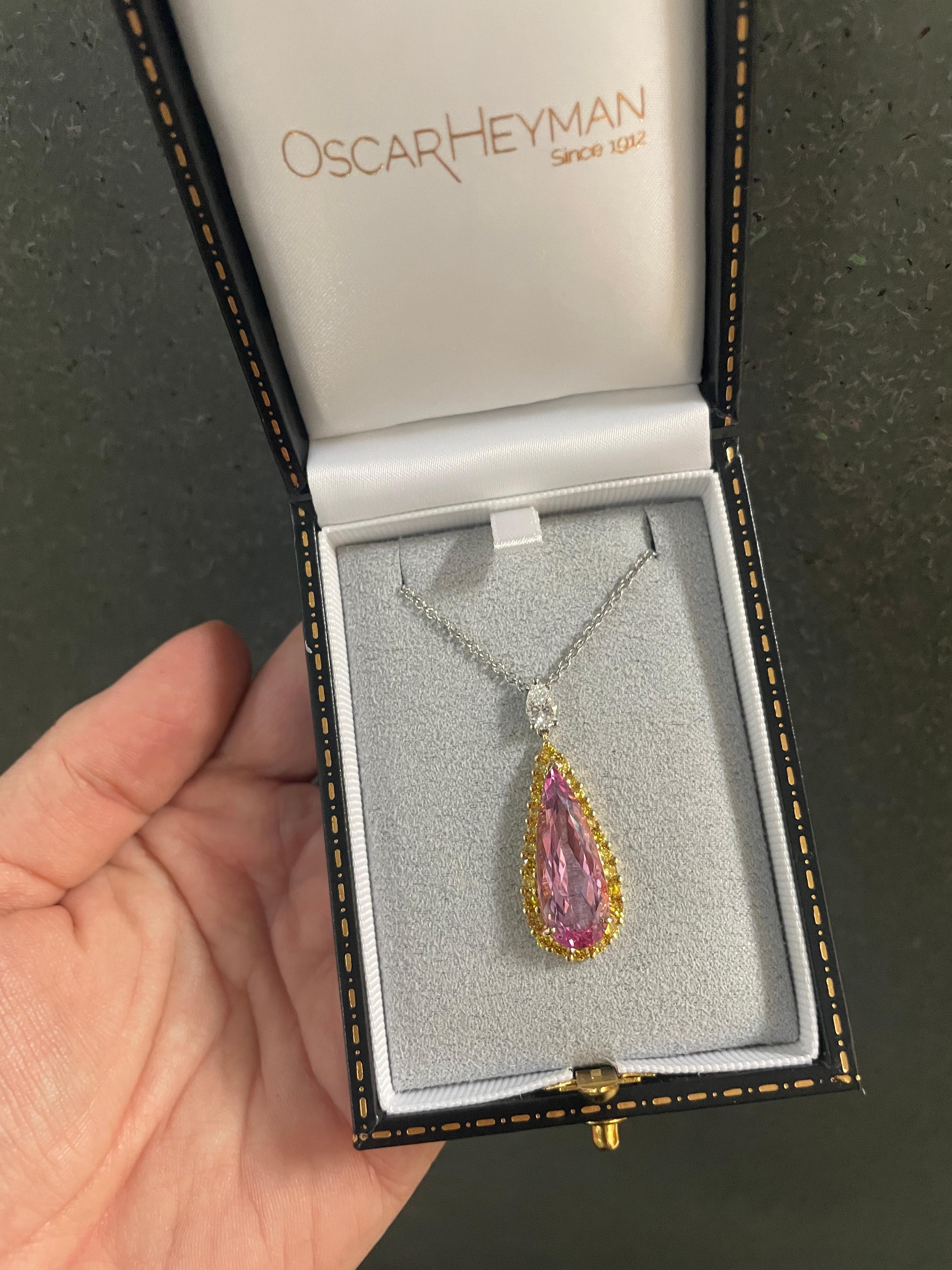 Oscar Heyman 18k Gold & Platinum 6.59ct Morganite & FV Yellow Diamond Pendant For Sale 1