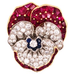 Oscar Heyman, 18K Gold Platinum Ruby Sapphire Diamond Pansy Brooch