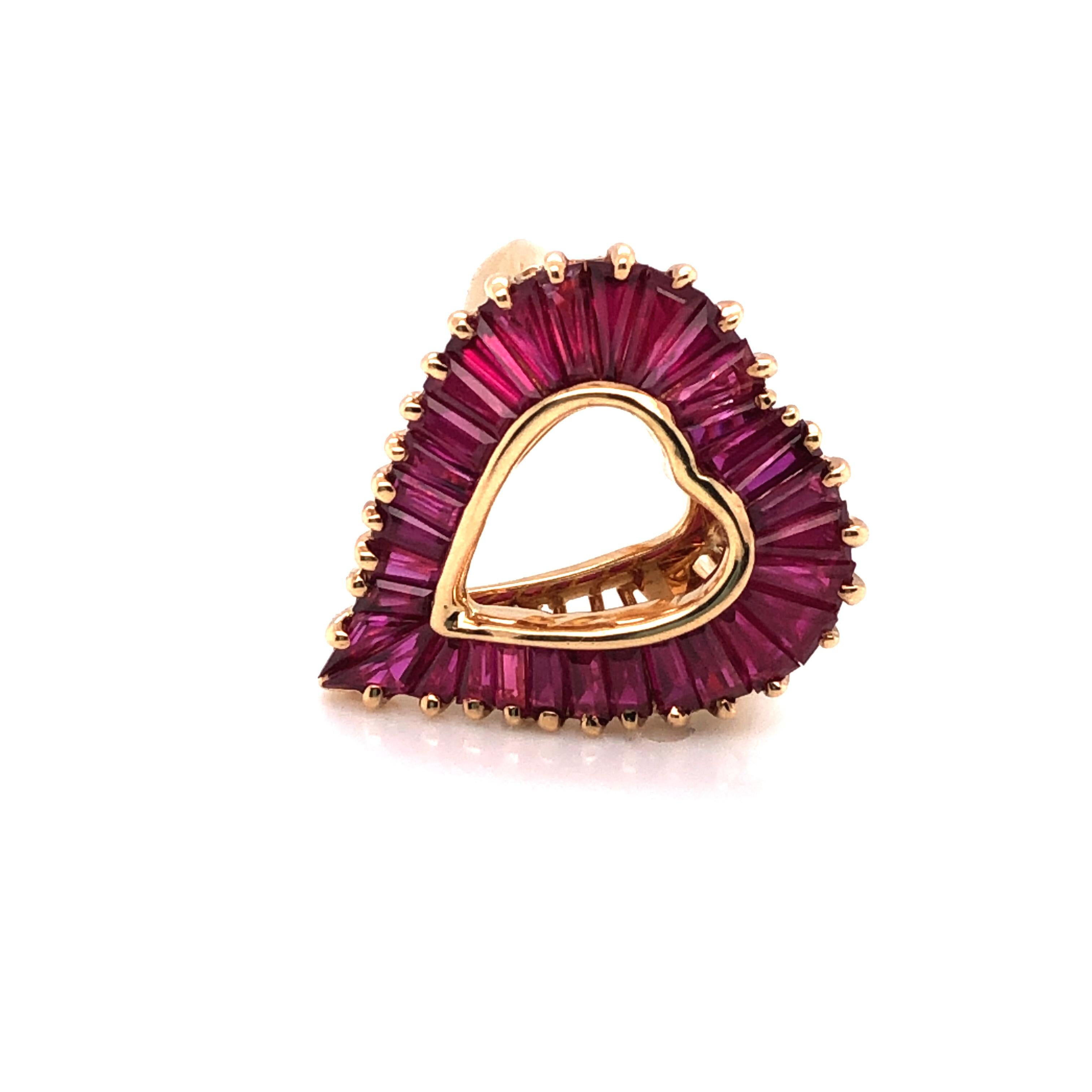 Tapered Baguette Oscar Heyman 18 Karat Gold Ruby Heart Shaped 'Ballerina' Style Ring
