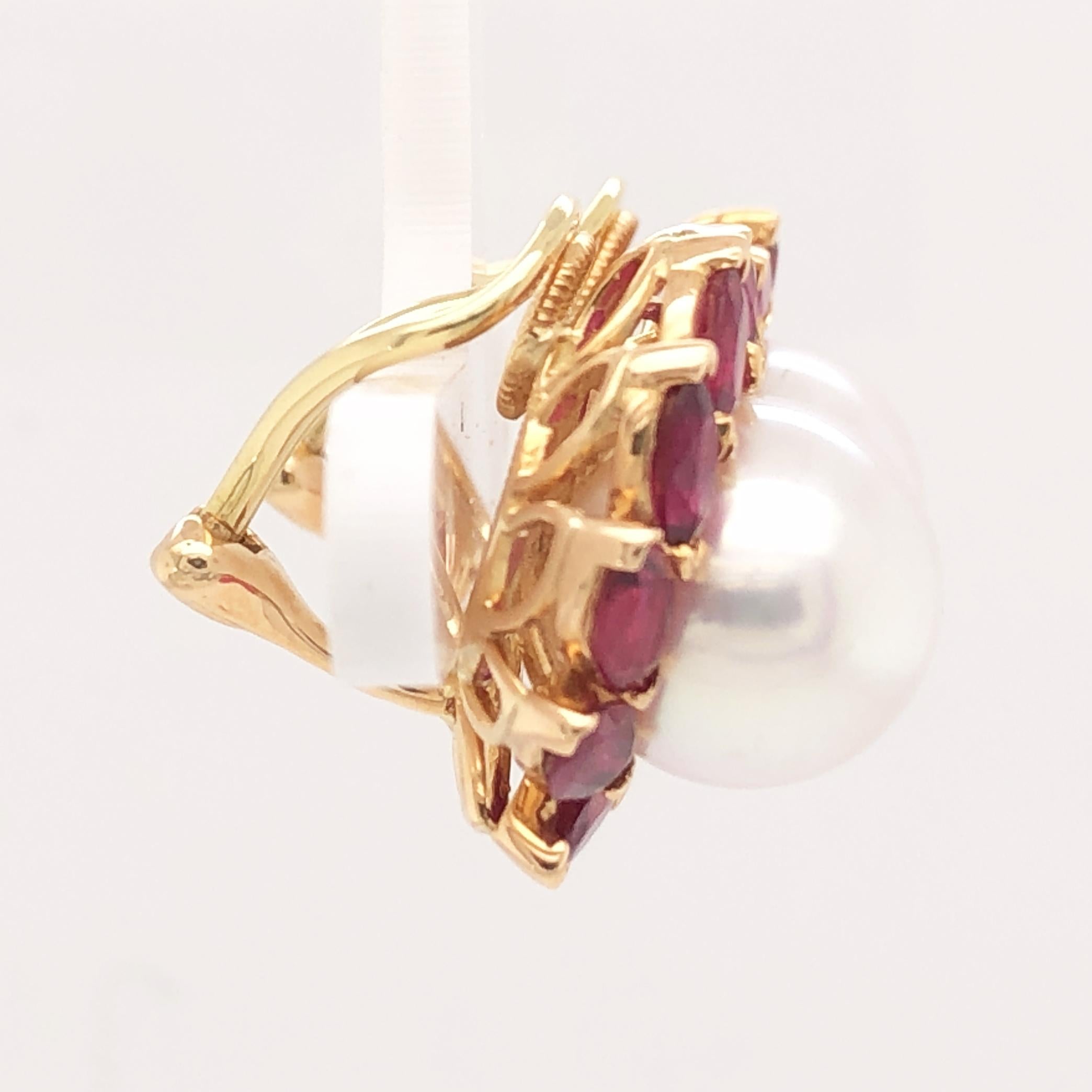 Contemporary Oscar Heyman 18 Karat Gold South Sea Pearl and Ruby Clip Earrings