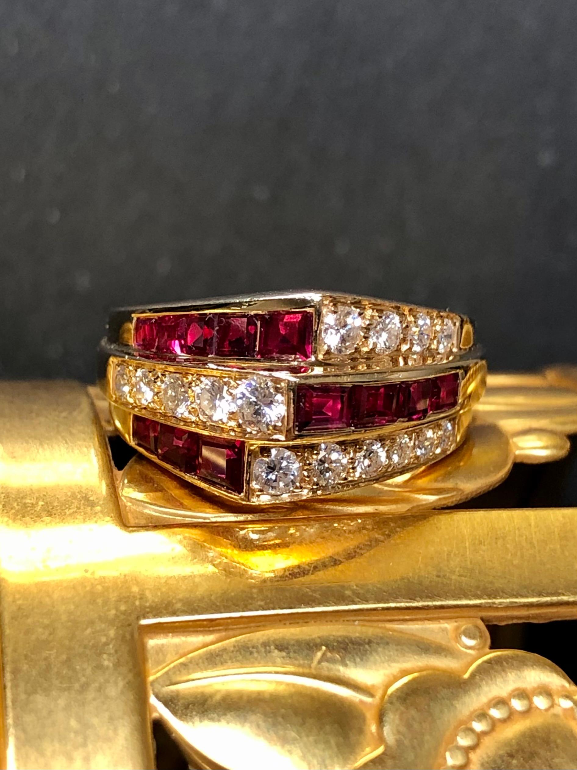 Vintage cocktail ring by Oscar Heyman done in 18K yellow gold set with 15 E-F color Vs1+ clarity diamonds as well as deep red natural calibrated rubies.


Dimensions/Weight:

Ring measures .45” wide and is size 7.25 and weighs