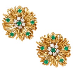 Oscar Heyman 18k Yellow Gold and Platinum Emerald and Diamond Ear Clips