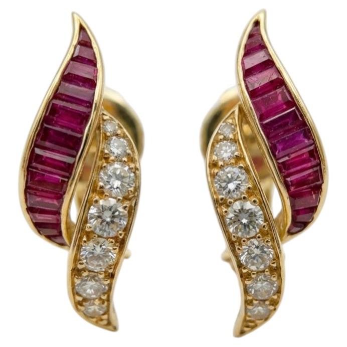 Oscar Heyman 18K Yellow Gold Diamond and Ruby Estate Earrings F VS Quality