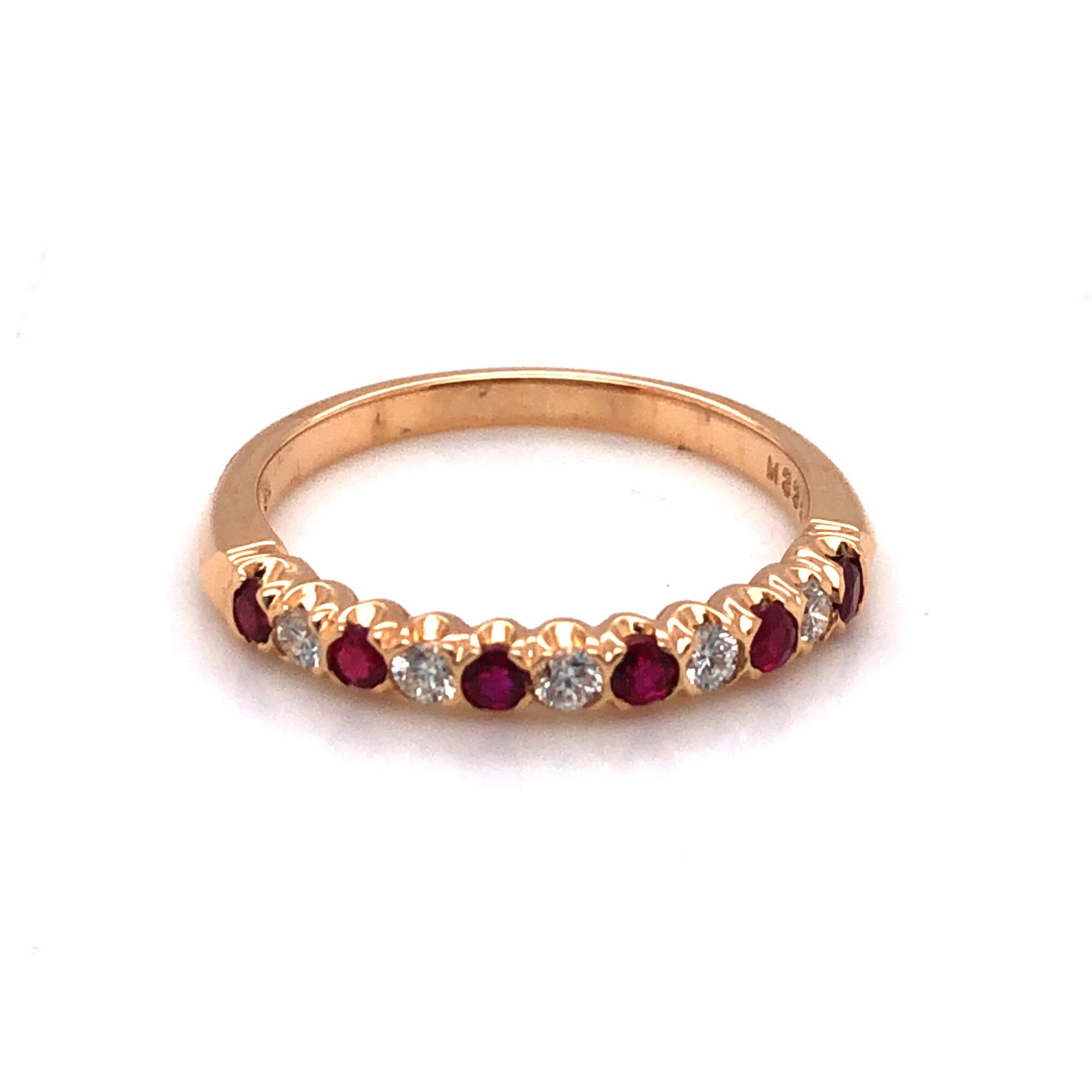 Women's Oscar Heyman 18k Yellow Gold Round Ruby and Diamond Partway Wedding Band Ring