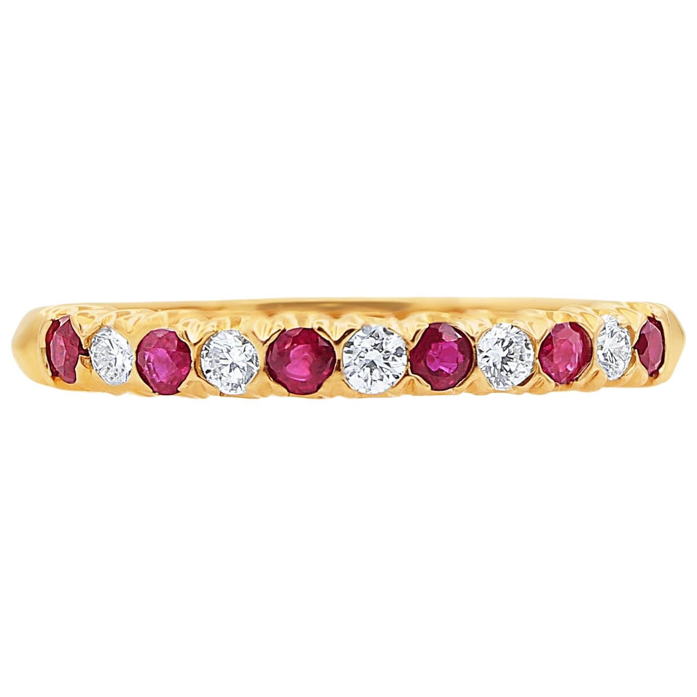 Oscar Heyman 18k Yellow Gold Round Ruby and Diamond Partway Wedding Band Ring